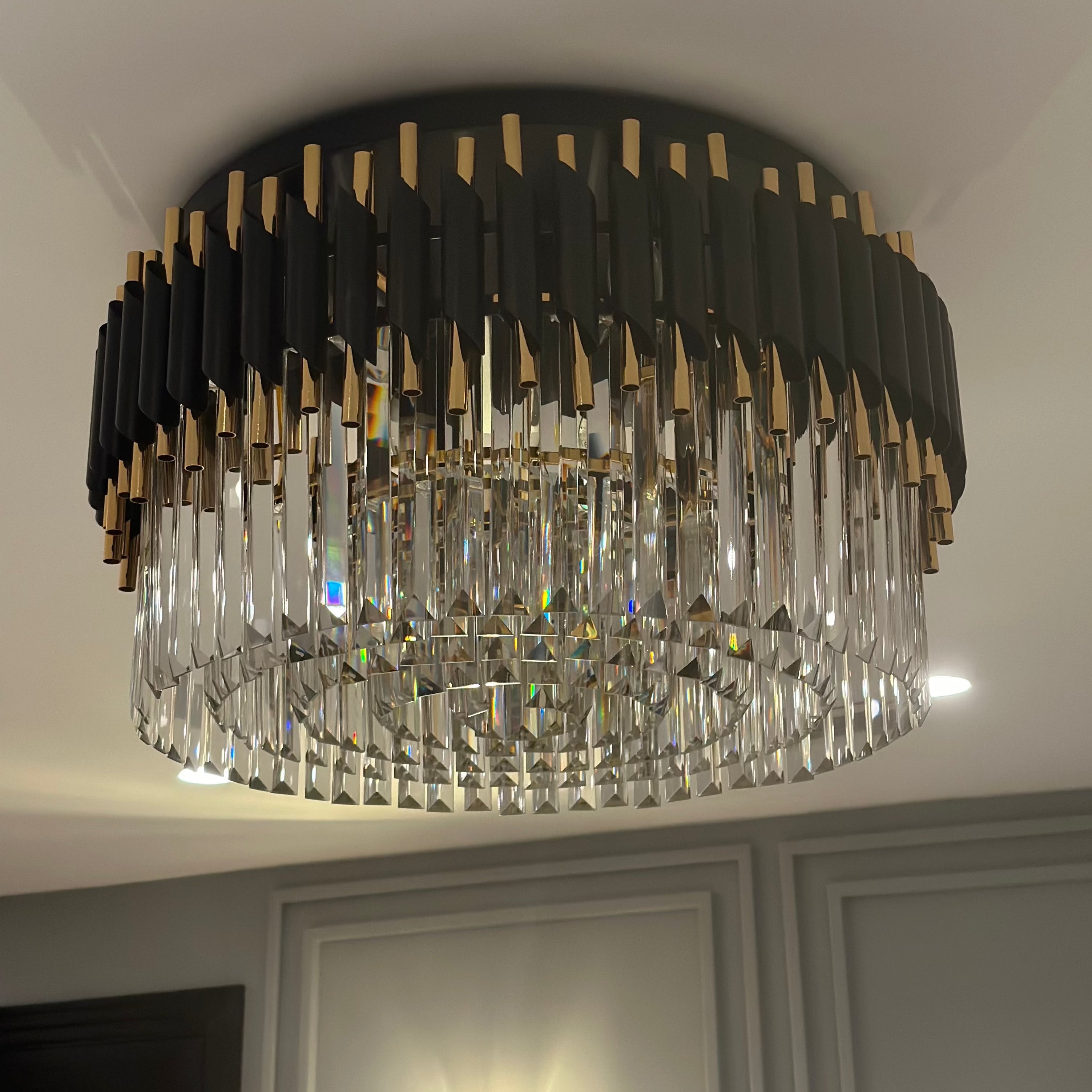 VORELLI Milltimber modern ceiling light with shimmering crystal layers and contemporary cylindrical frame