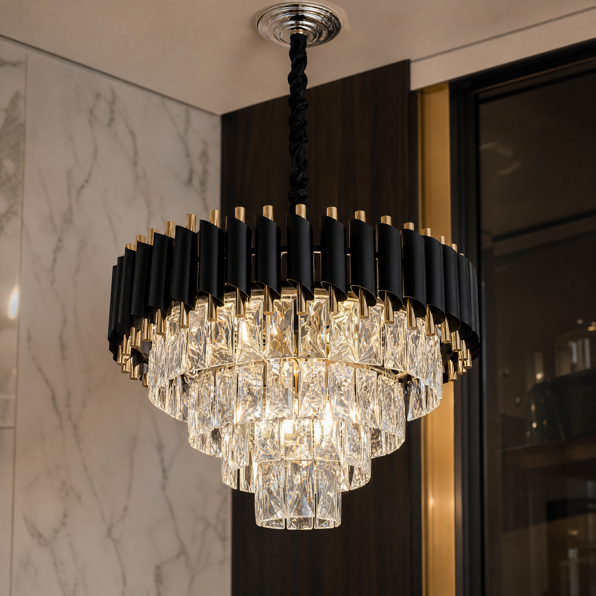 Macro closeup of the VORELLI Milltimber pendant light, highlighting the premium craftsmanship of the sleek cylinder tubing and the sparkle of the rectangle crystal accents.