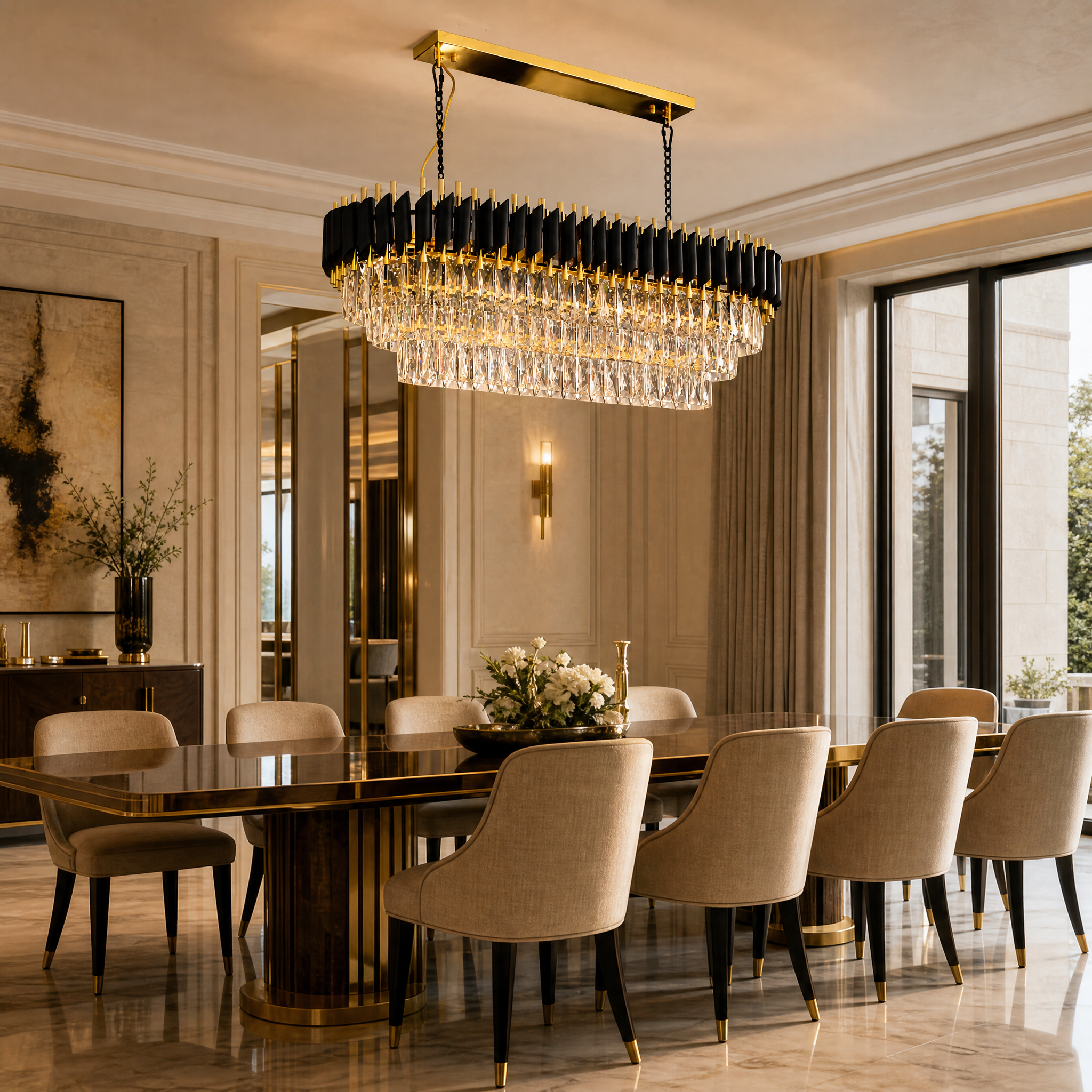 VORELLI Milltimber rectangular chandelier casting a warm glow over a modern residential dining space with sleek cylinder tubing and crystal details.