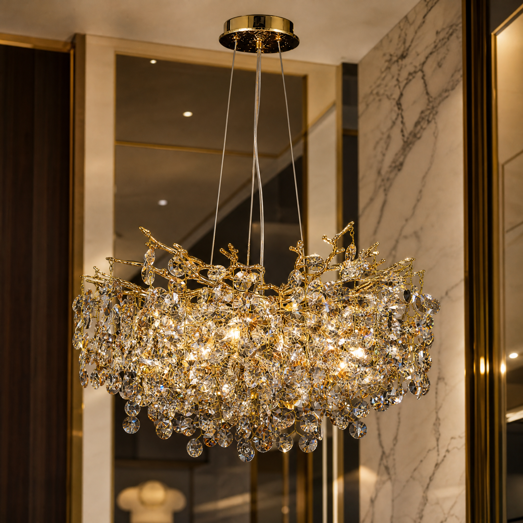 Macro closeup shot of the VORELLI Mimosa Circular Chandelier, highlighting the intricate crystal elements and delicate metal branches.