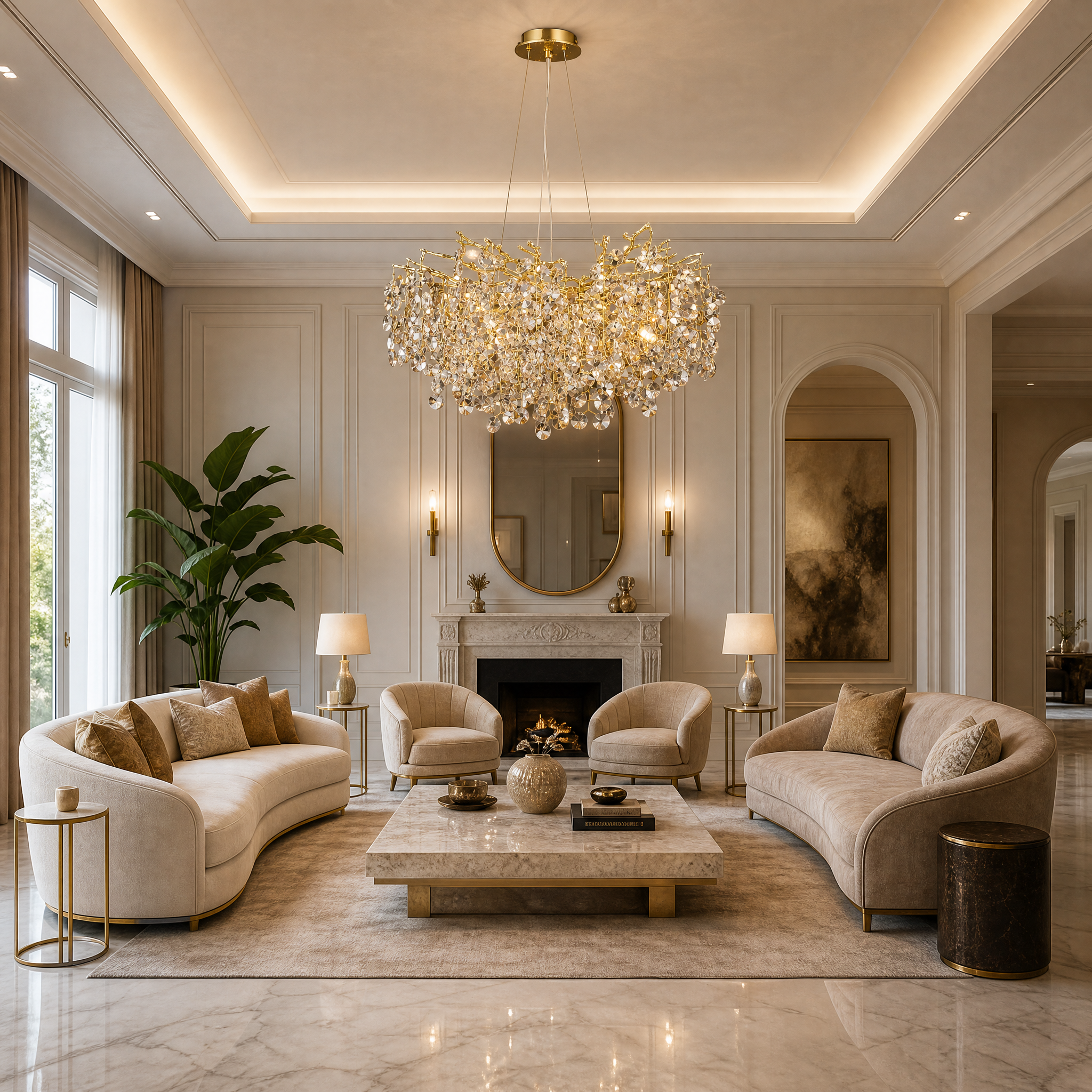 Luxury residential dining room featuring the VORELLI Mimosa Circular Chandelier suspended above a contemporary table, creating a warm and sophisticated atmosphere.