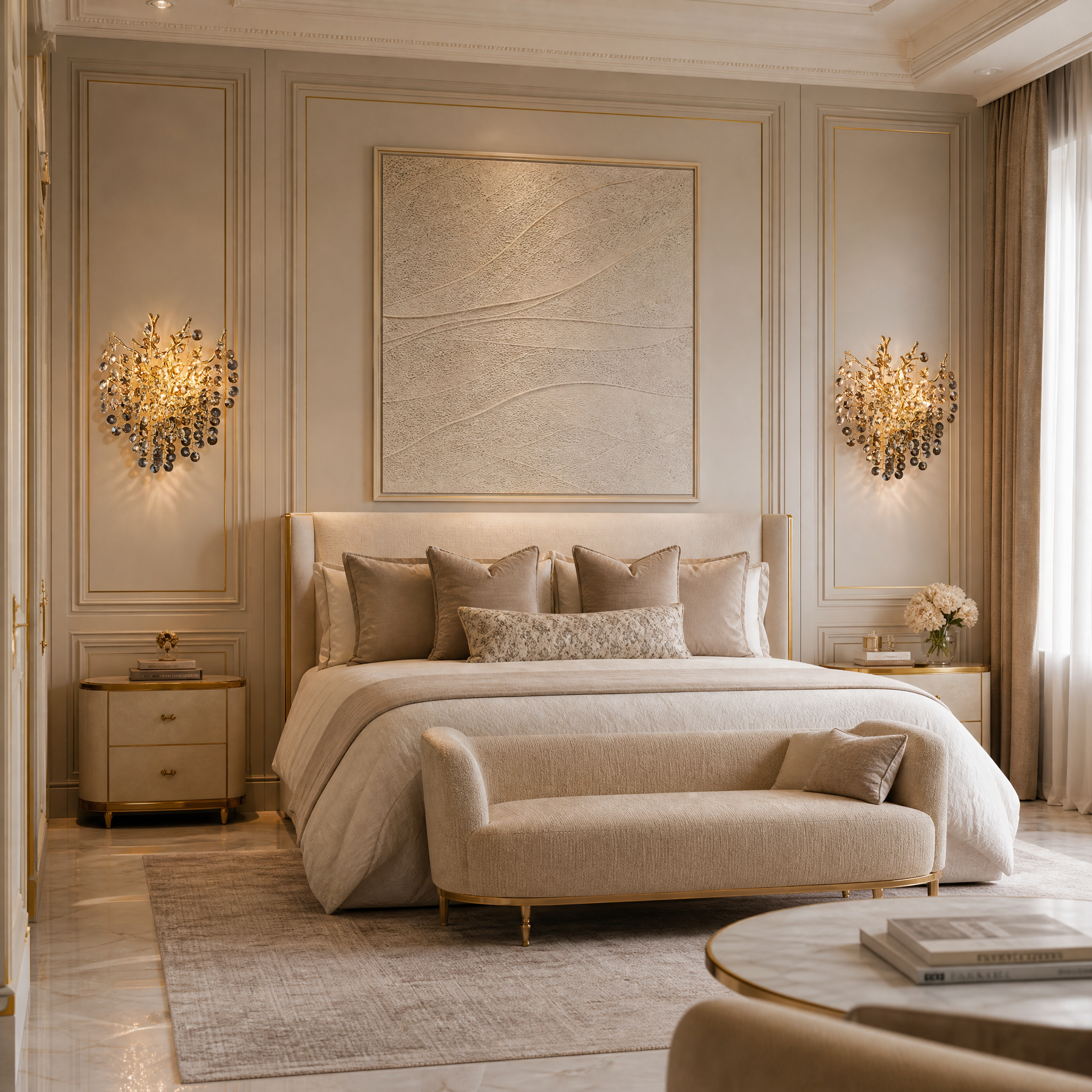 VORELLI Mimosa wall light installed on a modern feature wall in a luxury residential living room, casting a warm, refined glow.