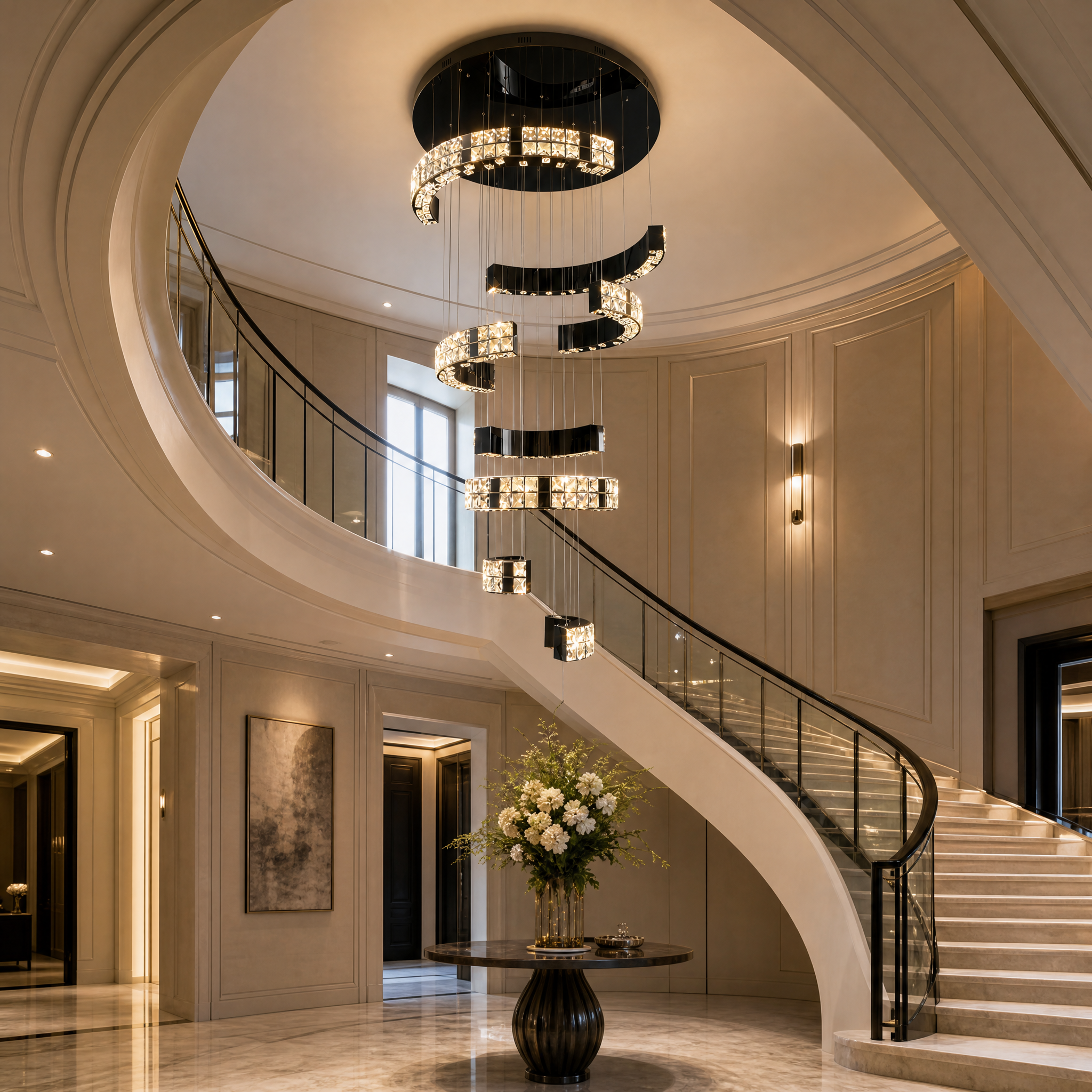 A luxurious double-height residential foyer featuring the VORELLI Minato pendant staircase chandelier with cascading tiers of diamond-cut crystals illuminating the modern architectural space.