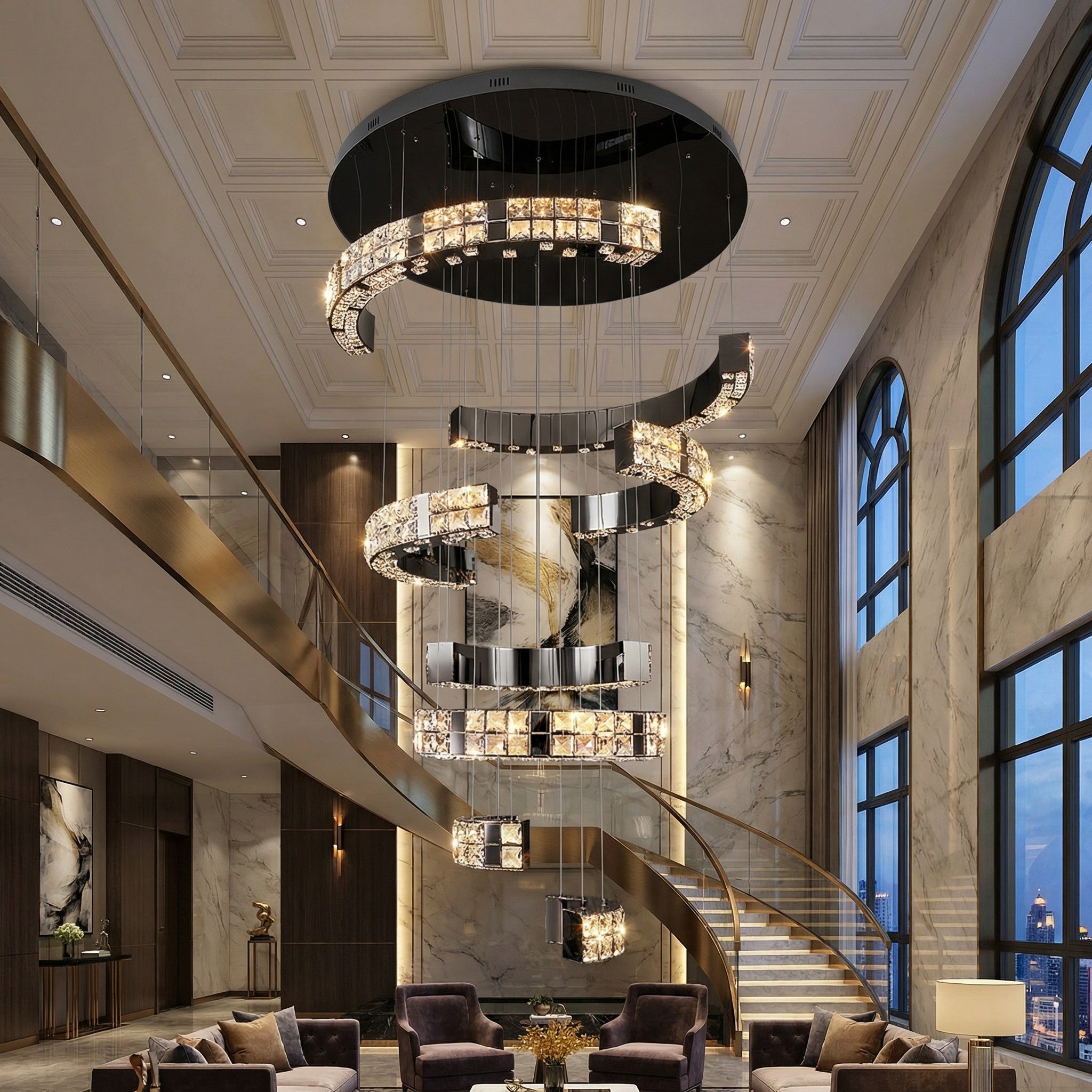 VORELLI® Minato pendant staircase chandelier with cascading spiral tiers and illuminated crystal detailing in a luxury double-height interior