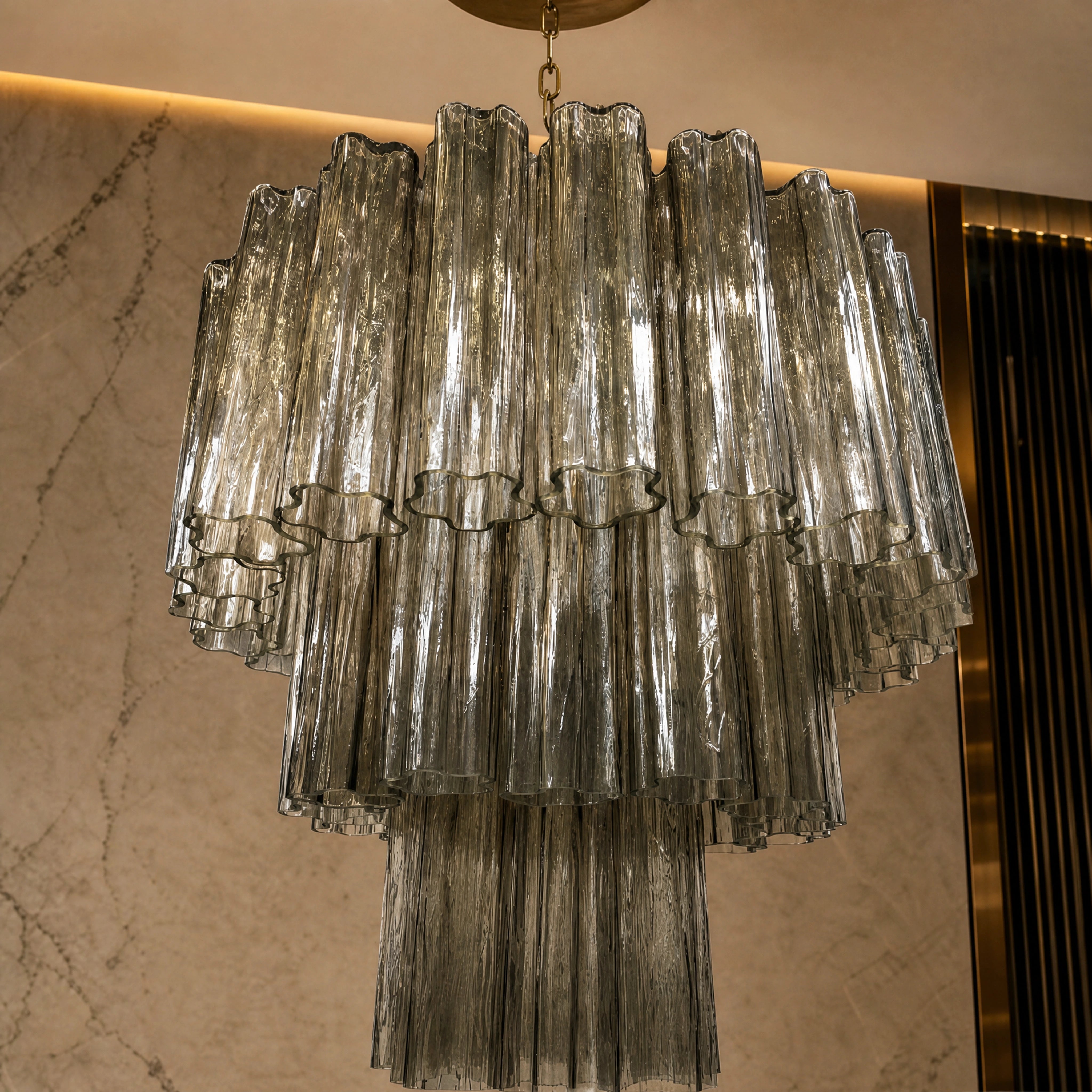 Mirabella Tronchi Murano Glass Circular Chandelier close-up luxury lifestyle hero image by VORELLI