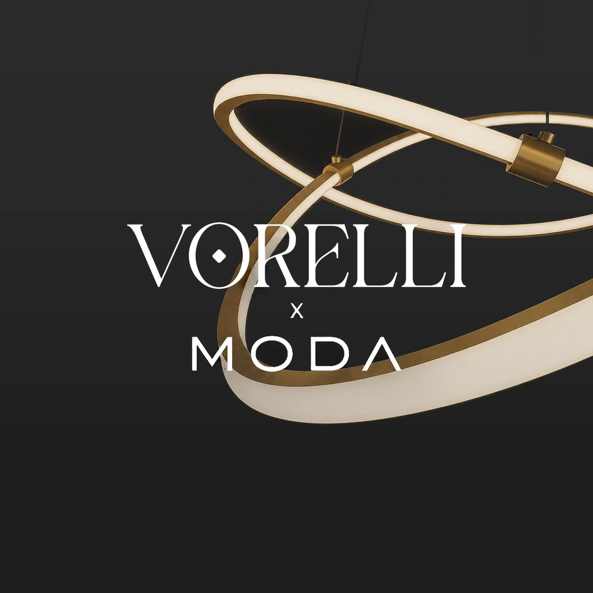 VORELLI® x Moda modern lighting collection — sculptural chandelier with illuminated loops.