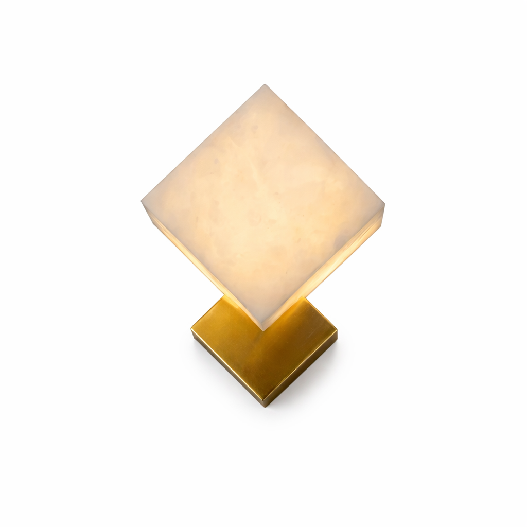 VORELLI® Modena marble wall light featuring sculpted alabaster cube design on white background