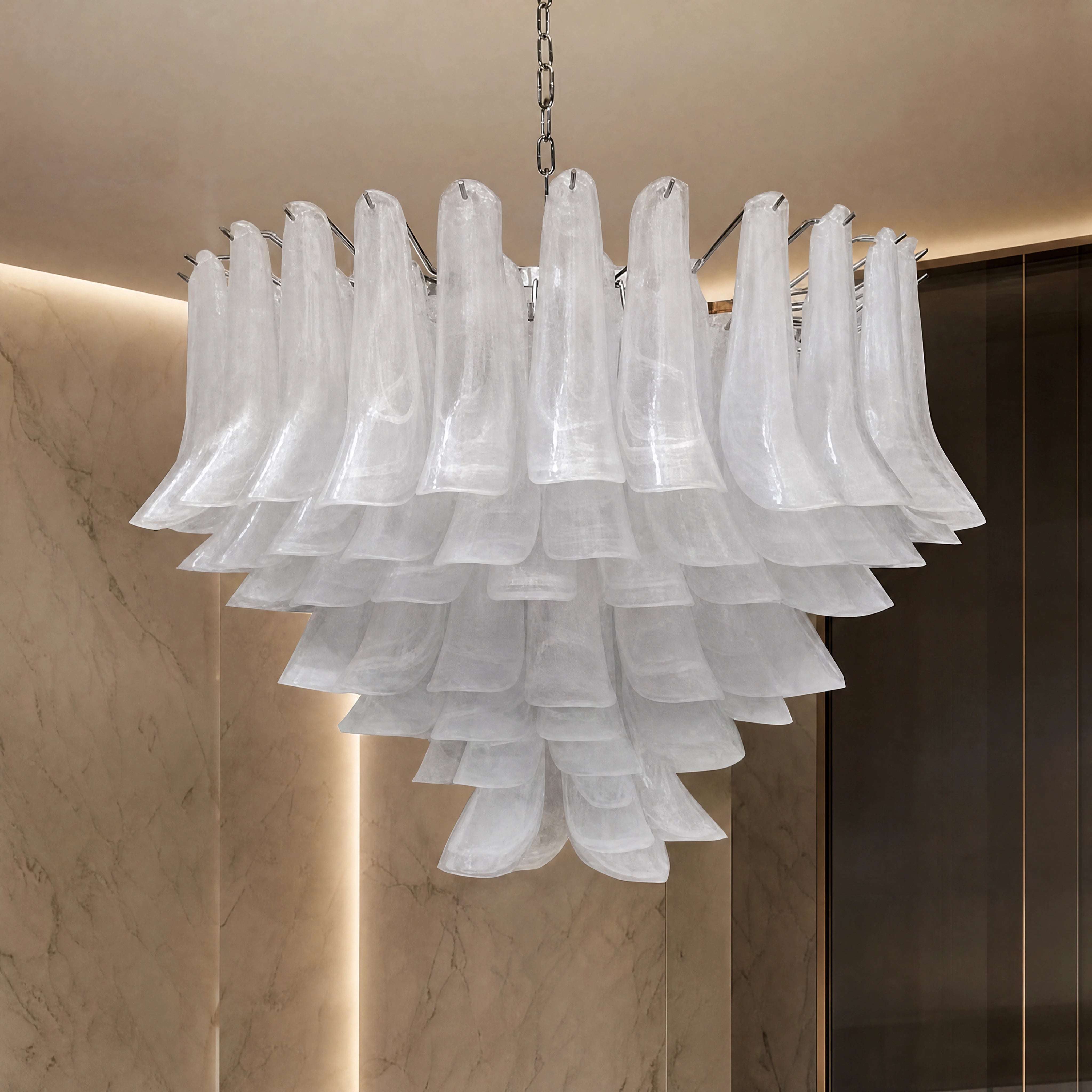 Grado Selle Murano Glass Staircase Chandelier close-up luxury lifestyle hero image by VORELLI