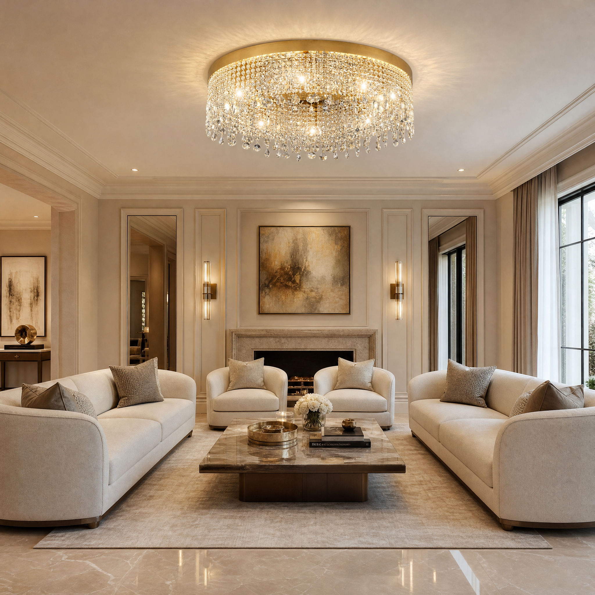 VORELLI Modesto Ceiling Light installed in a luxury residential living room setting with contemporary decor.