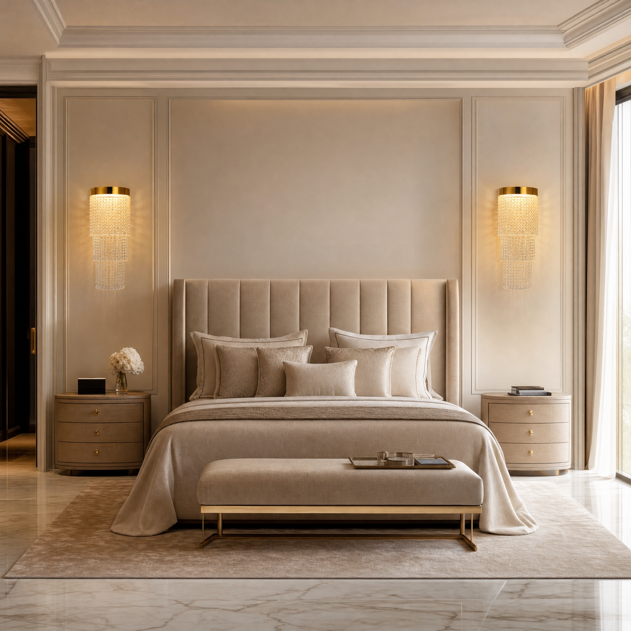 VORELLI Modesto luxury crystal wall light installed in a contemporary residential living room setting.