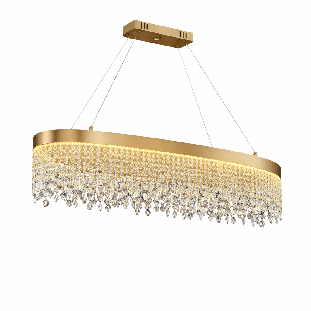 VORELLI® Modesto oval rectangular chandelier with cascading diamond cut crystal chains arranged along elongated frame on white background