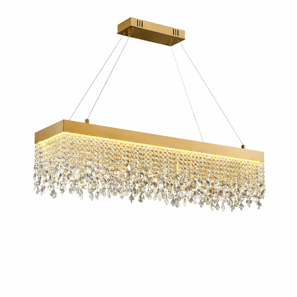 VORELLI® Modesto rectangular chandelier with cascading diamond cut crystal chains arranged along sleek rectangular frame on white background