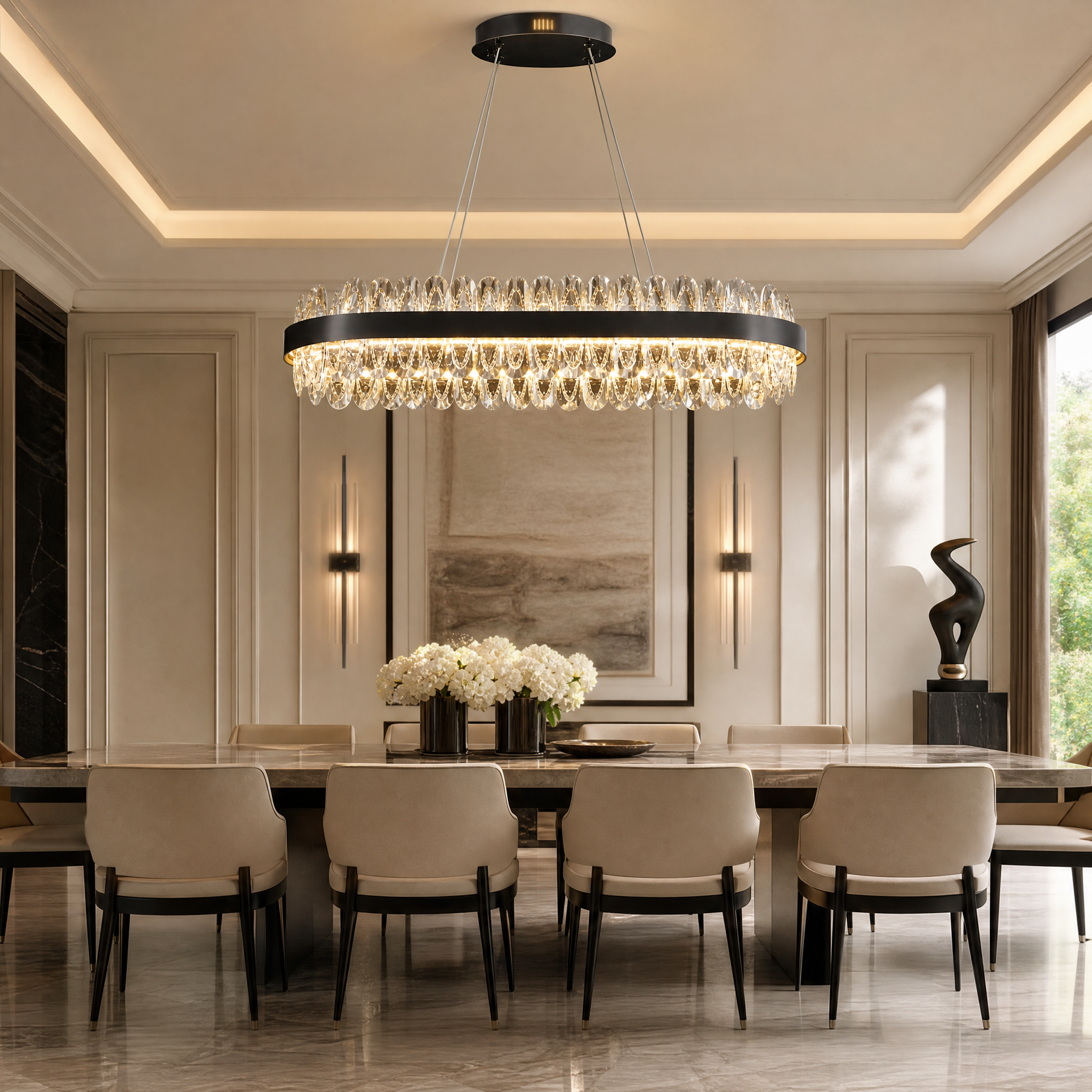 Luxury VORELLI Monte-Carlo Rectangular Chandelier illuminating a sophisticated residential dining room area.