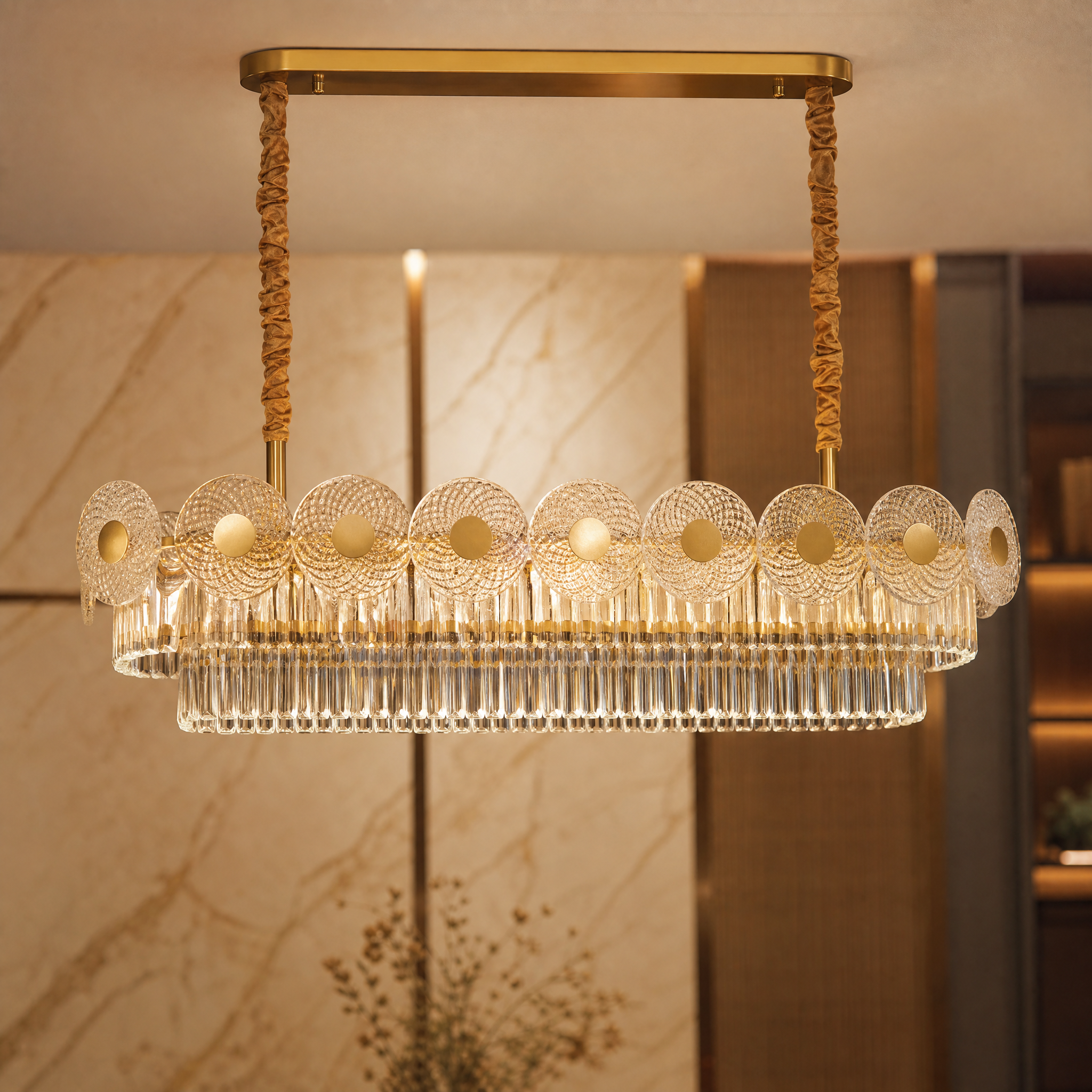 Macro close-up of the VORELLI Morandi chandelier highlighting the textured crystal discs and diamond-cut rectangle crystals beneath the sleek stainless steel frame.