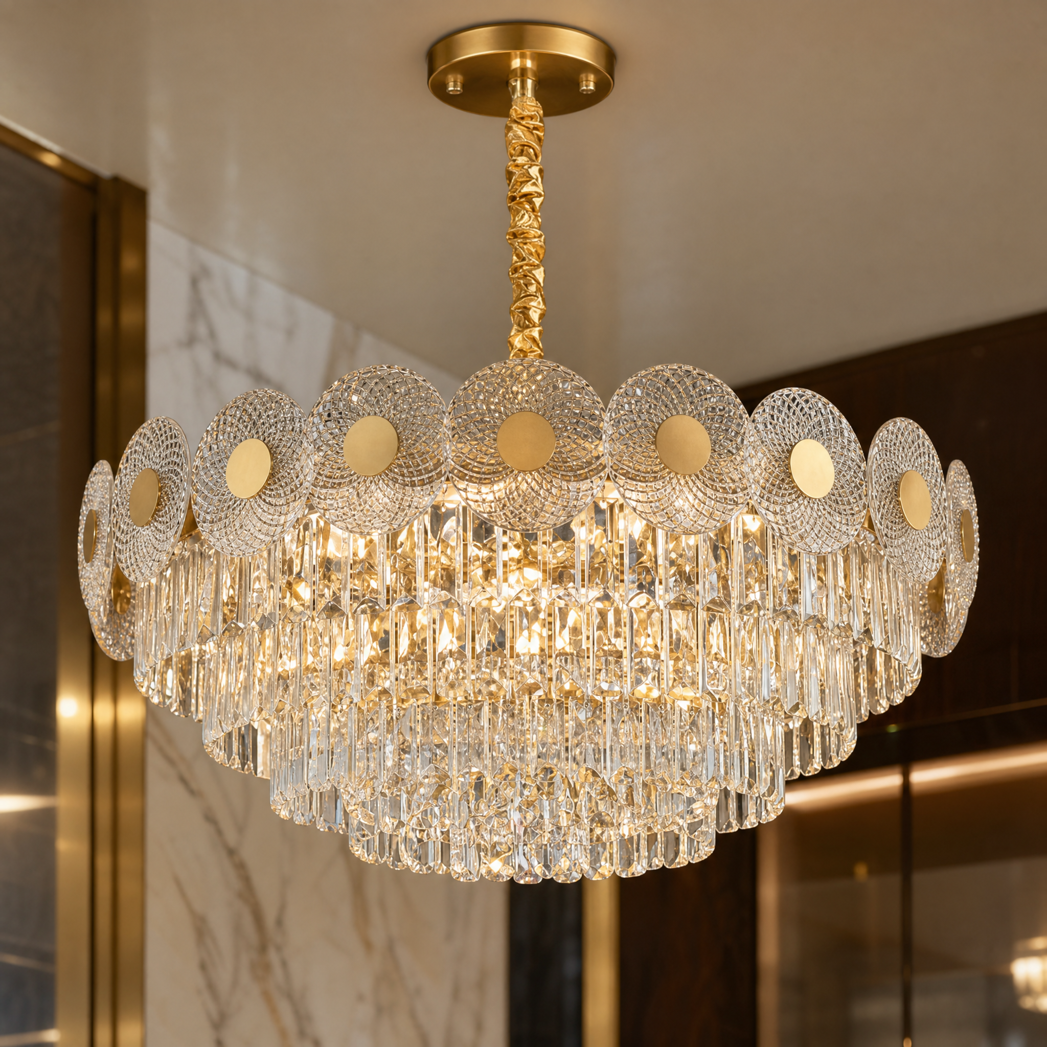 Macro close-up details of the layered rectangle diamond cut faceted crystals and patterned glass discs on the VORELLI Morandi Chandelier.