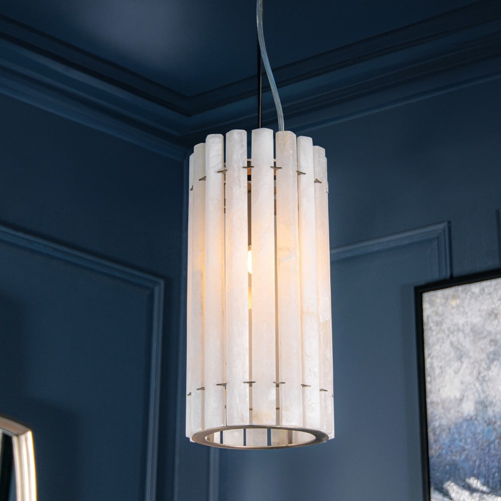 VORELLI® Morven alabaster pendant light suspended in contemporary interior with vertical cylindrical stone diffuser