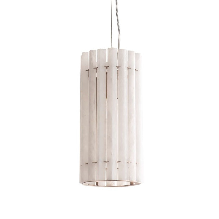 VORELLI® Morven marble cylinder pendant light featuring vertical alabaster rods in suspended design on white background