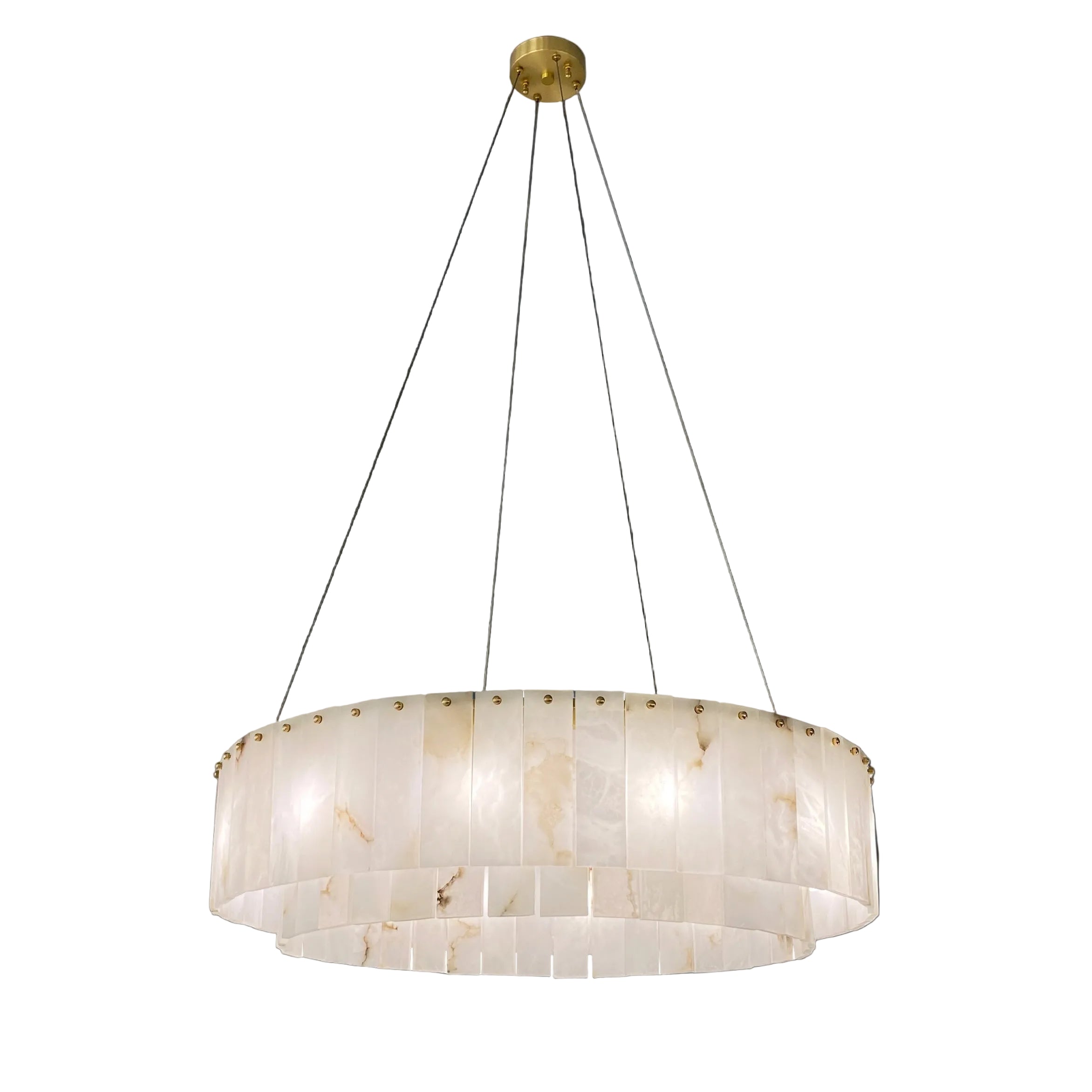 VORELLI® Munro marble circular chandelier featuring layered hand cut stone panels in suspended ring design on white background