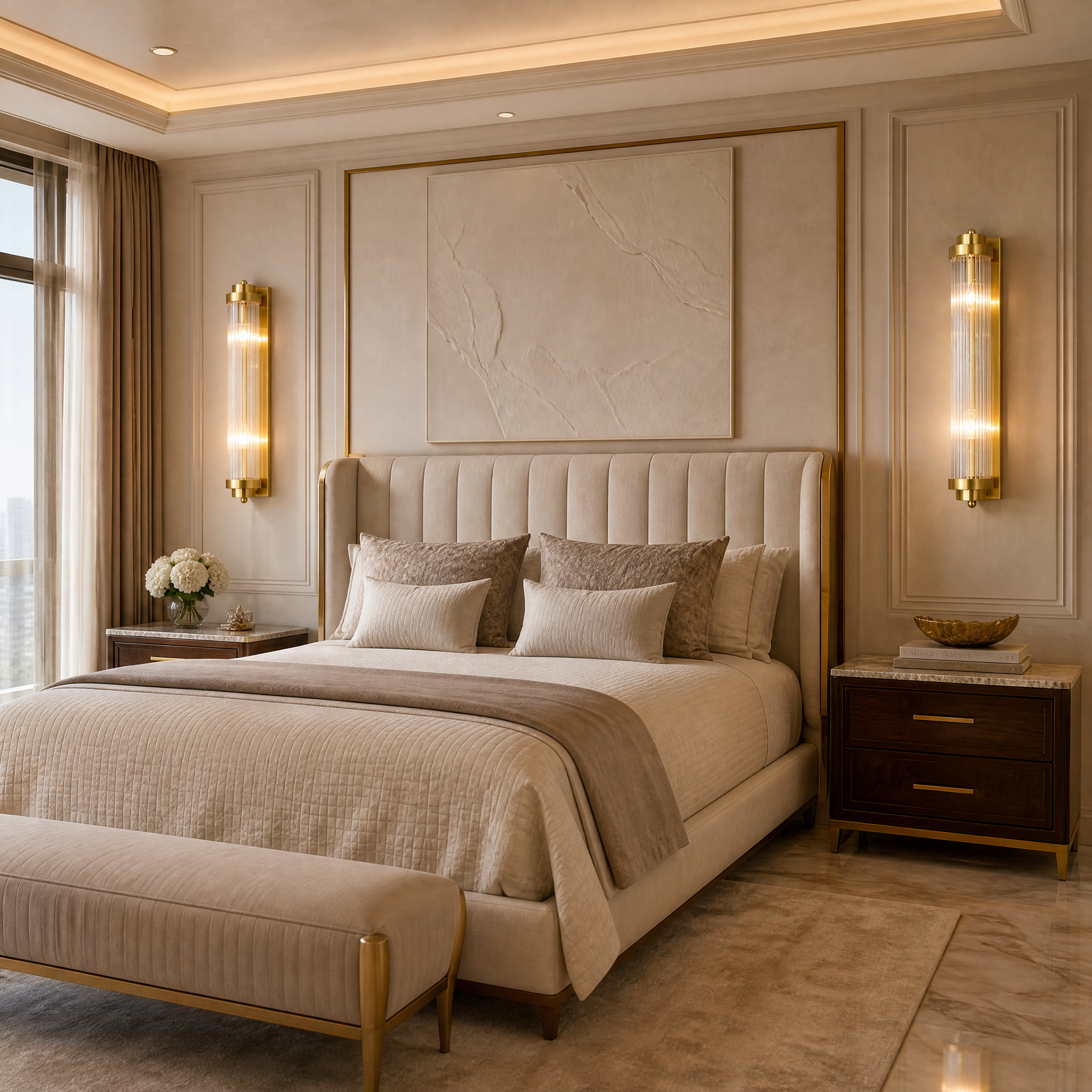 VORELLI Mykonos wall light with delicate crystal tubes and elegant brass end caps illuminating a sophisticated residential living room.