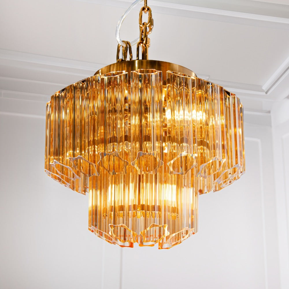 VORELLI® Nasser luxury chandelier installed in interior with layered glass rods creating warm ambient glow
