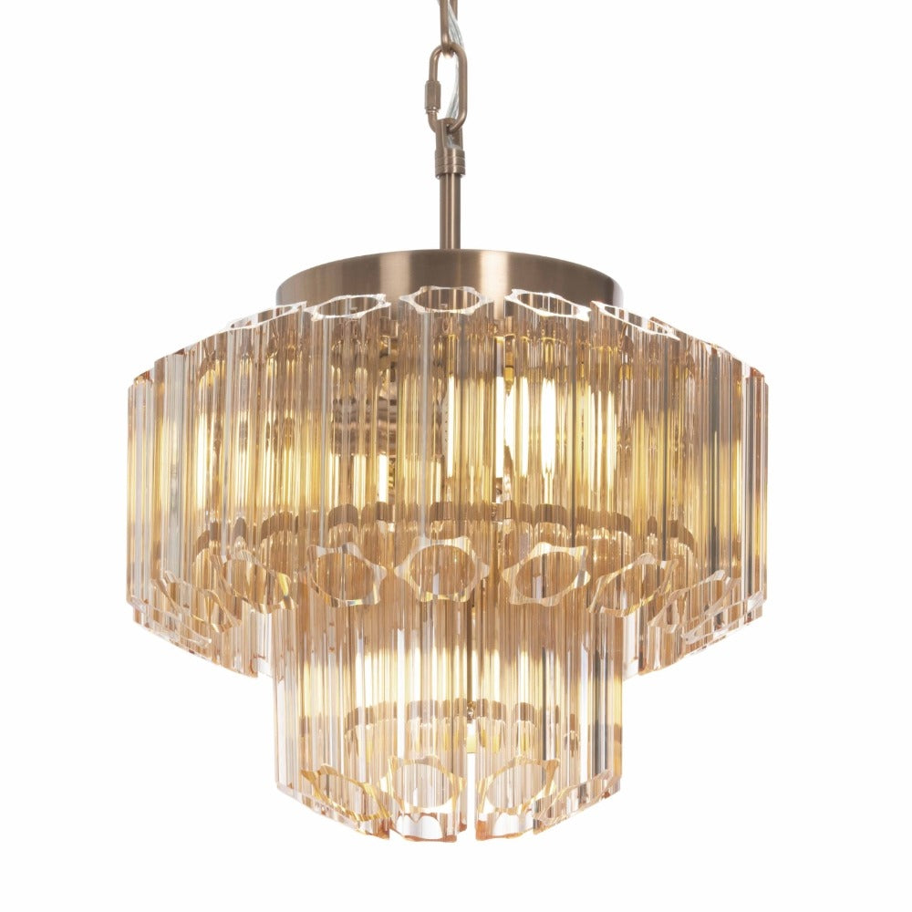 VORELLI® Nasser two tier chandelier featuring layered cognac glass rods in compact suspended design on white background