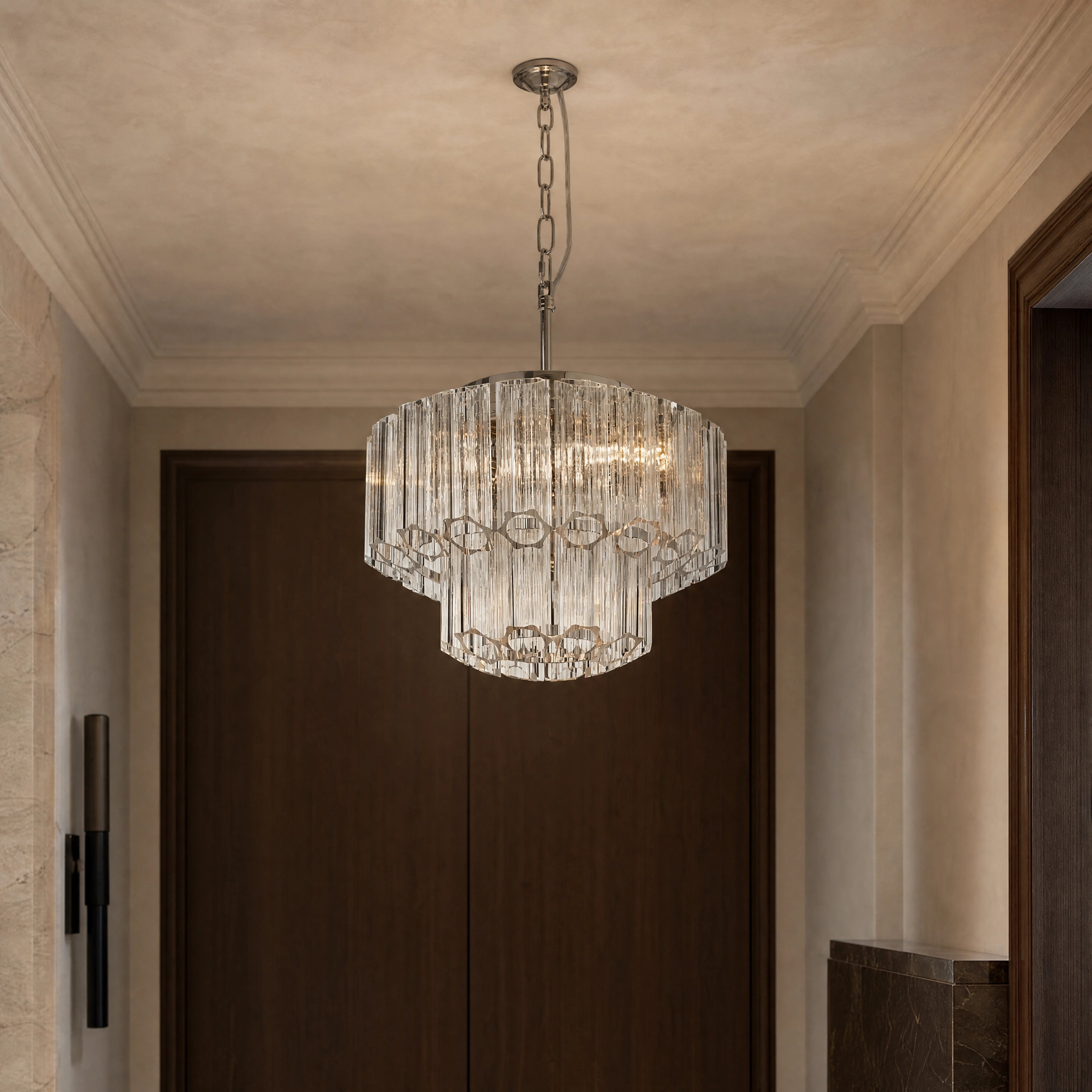 Nassevo Antique Brass Small Chandelier close-up luxury lifestyle hero image by VORELLI