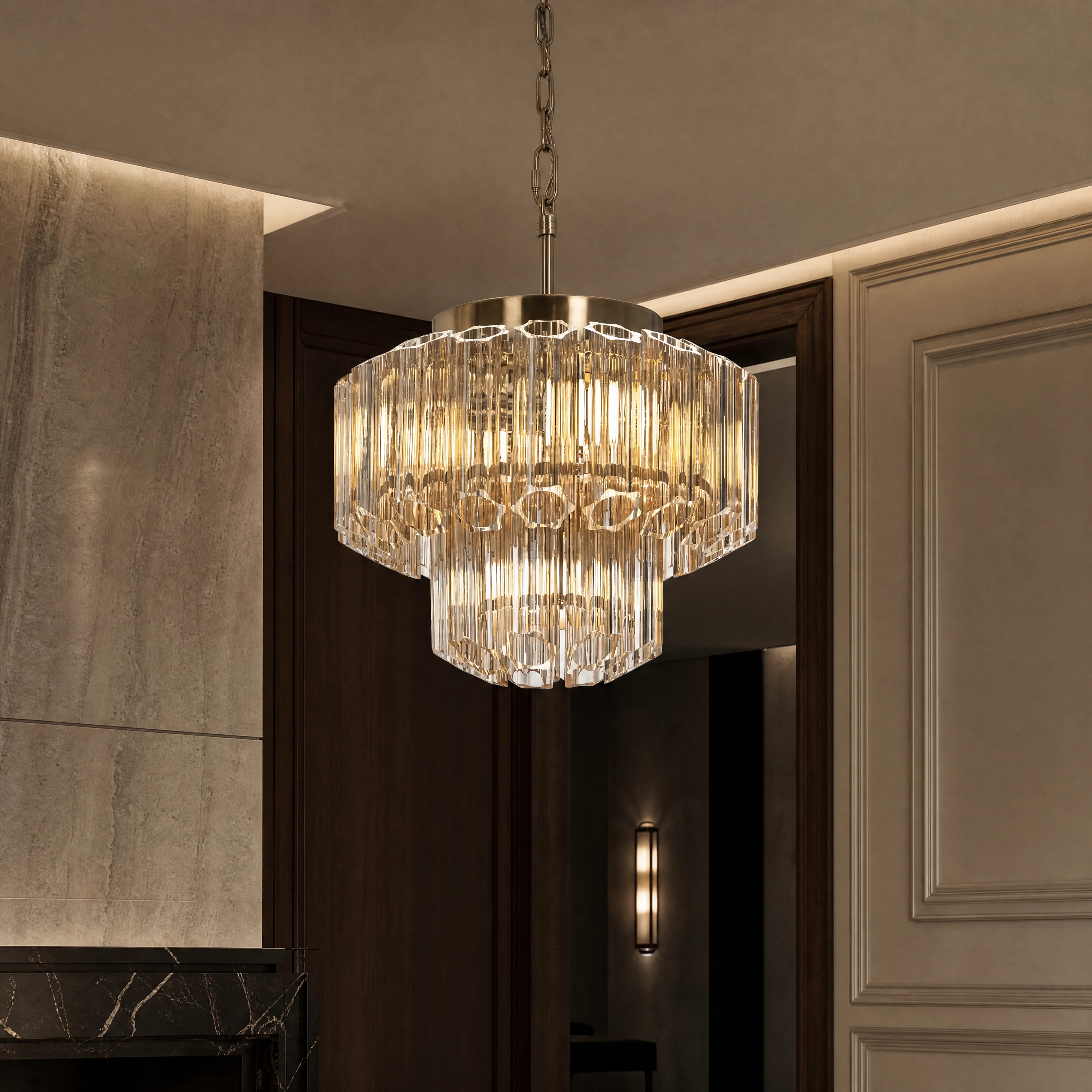 Nassevo Antique Brass Two-Tier Chandelier close-up luxury lifestyle hero image by VORELLI