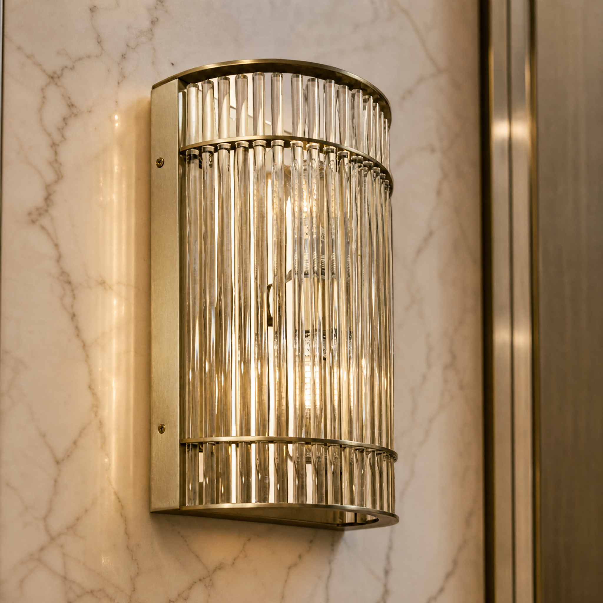 Macro closeup of the elegant cylinder crystal tubes on the VORELLI Neptune IP65 wall light, showcasing the premium materials and intricate design.