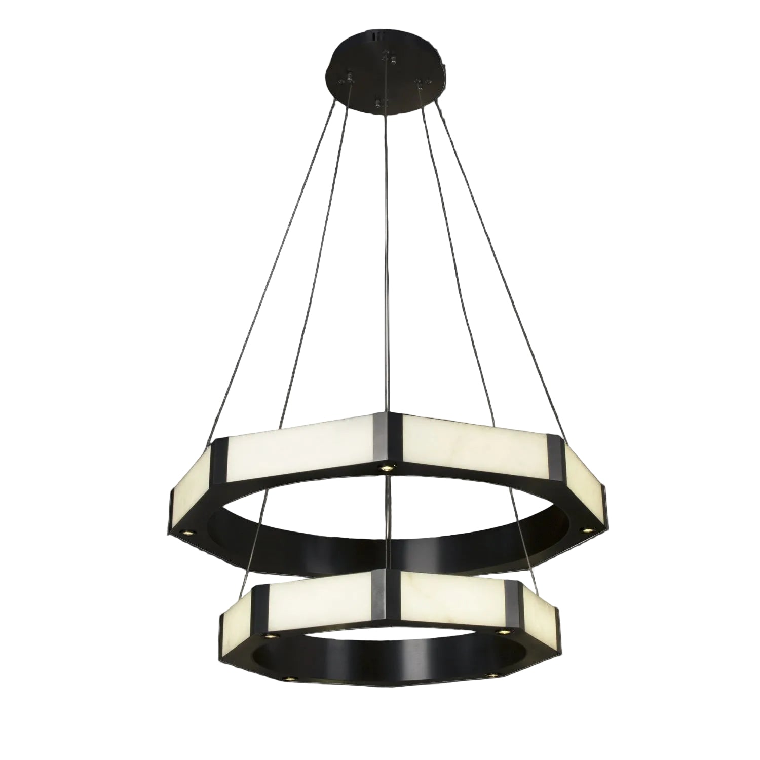 VORELLI® Nero double ring chandelier featuring sculptural circular tiers with marble panels in suspended modern design on white background