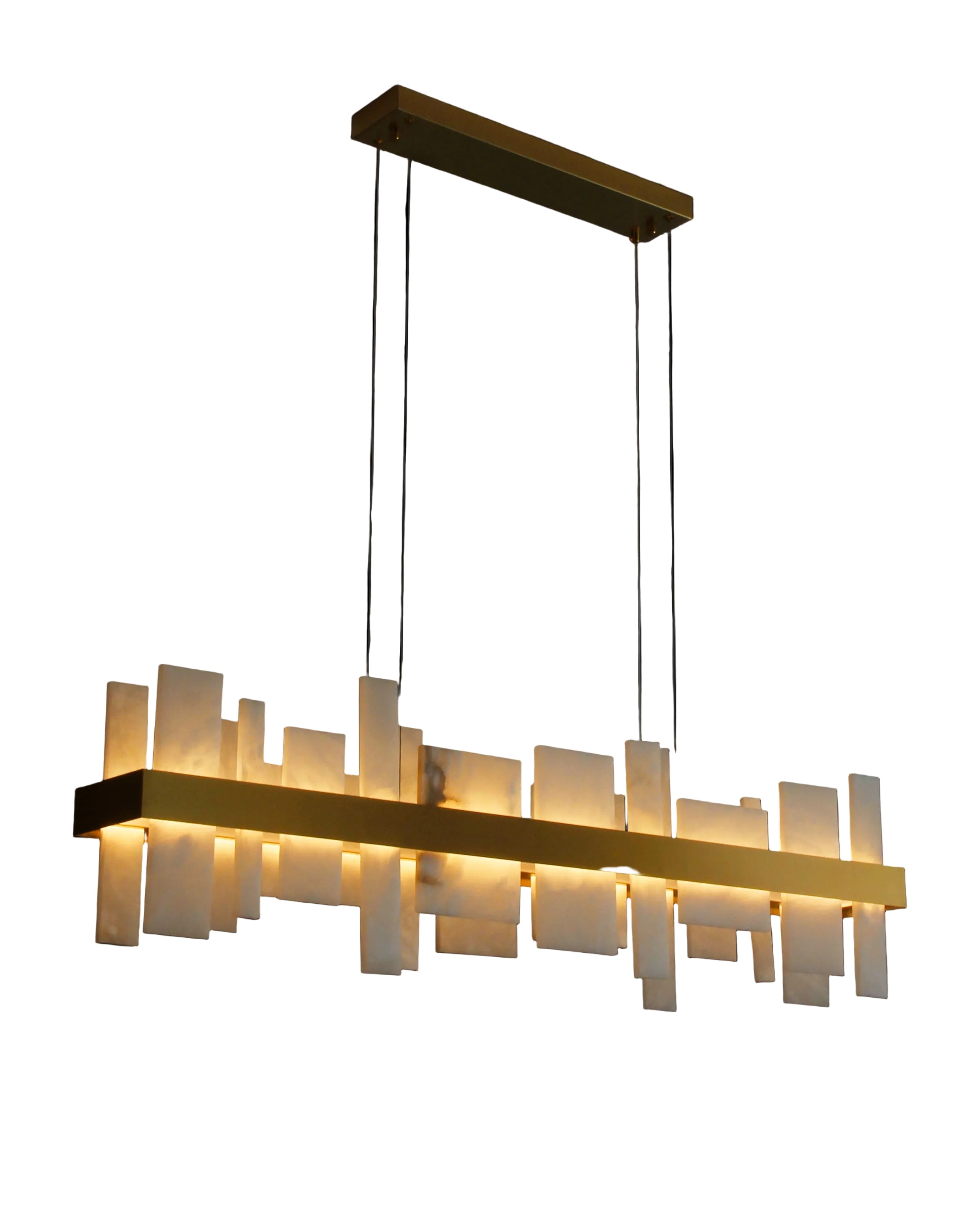 VORELLI® Niva marble rectangular chandelier featuring layered natural stone panels arranged along sleek suspended frame on white background