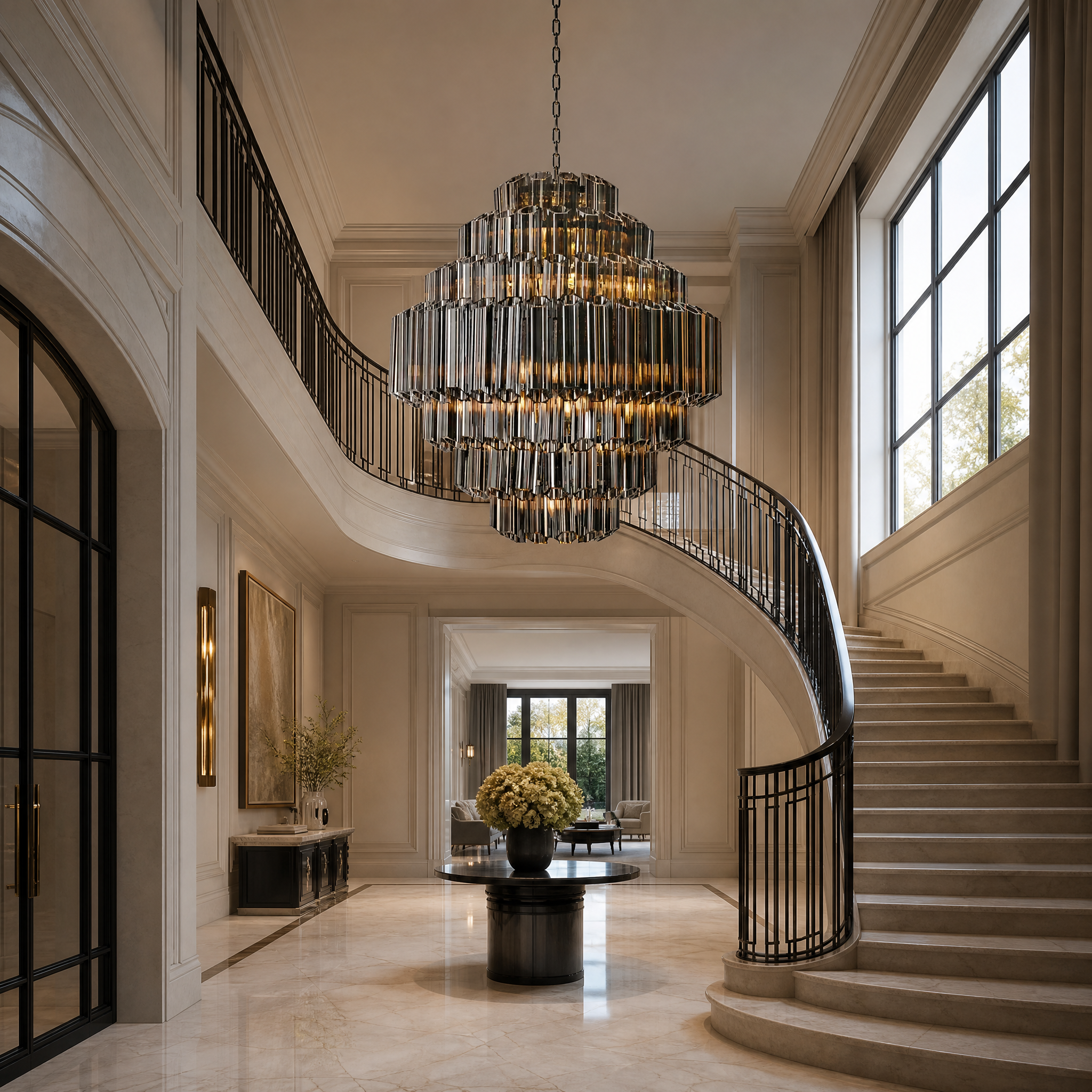 VORELLI Noir Palermino large staircase chandelier installed in a luxury residential foyer.
