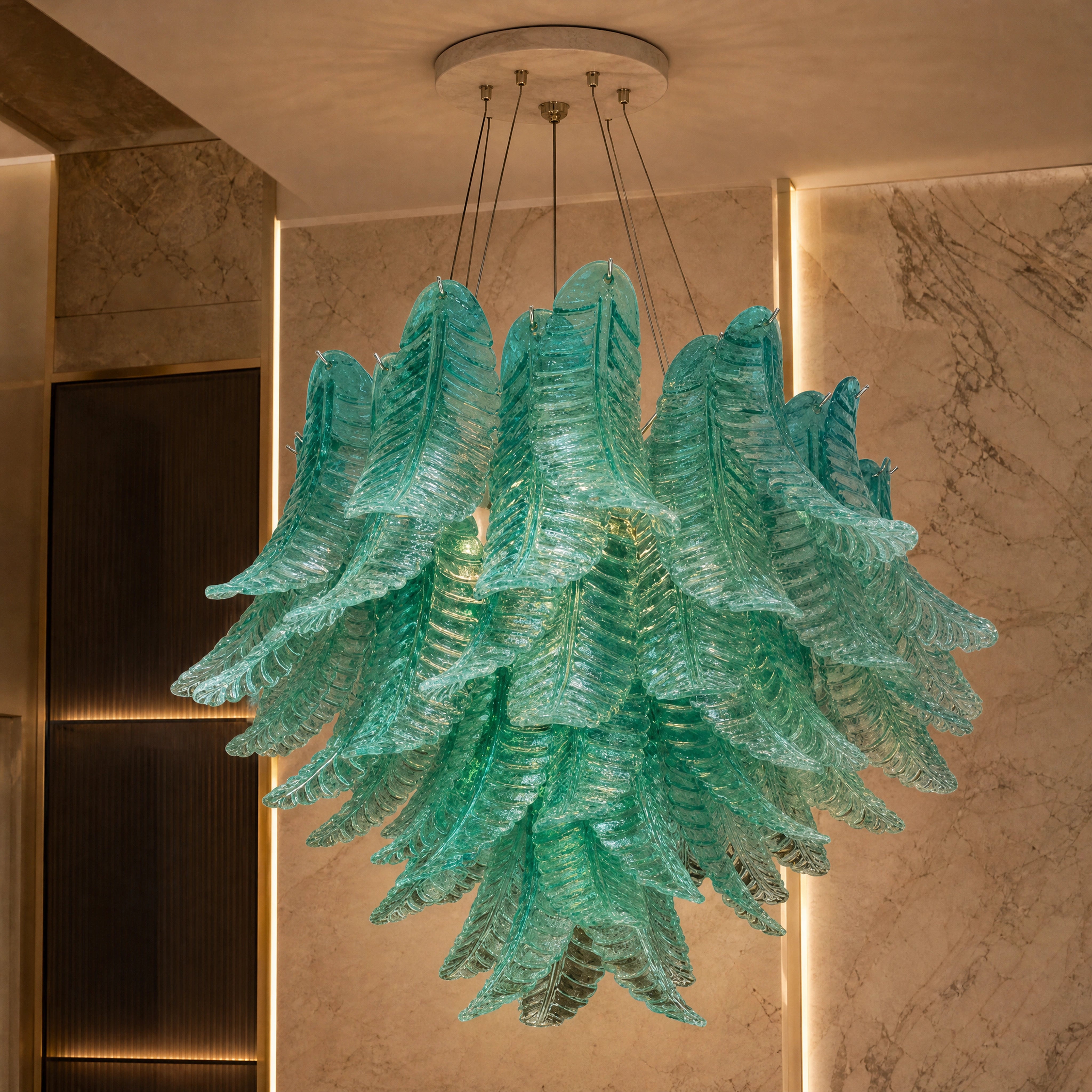 Jesolo Felci Murano Glass Staircase Chandelier close-up luxury lifestyle hero image by VORELLI