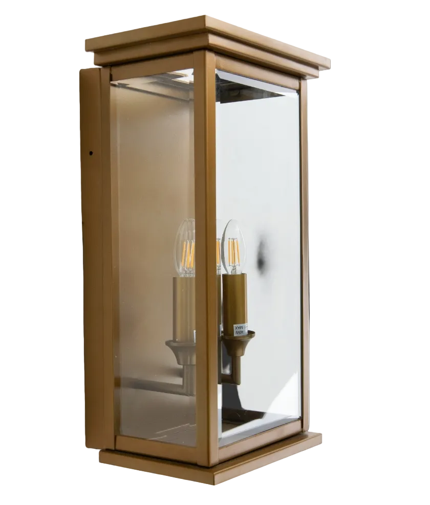 VORELLI® Novara glass wall light featuring clear glass panels enclosing structured rectangular frame on white background