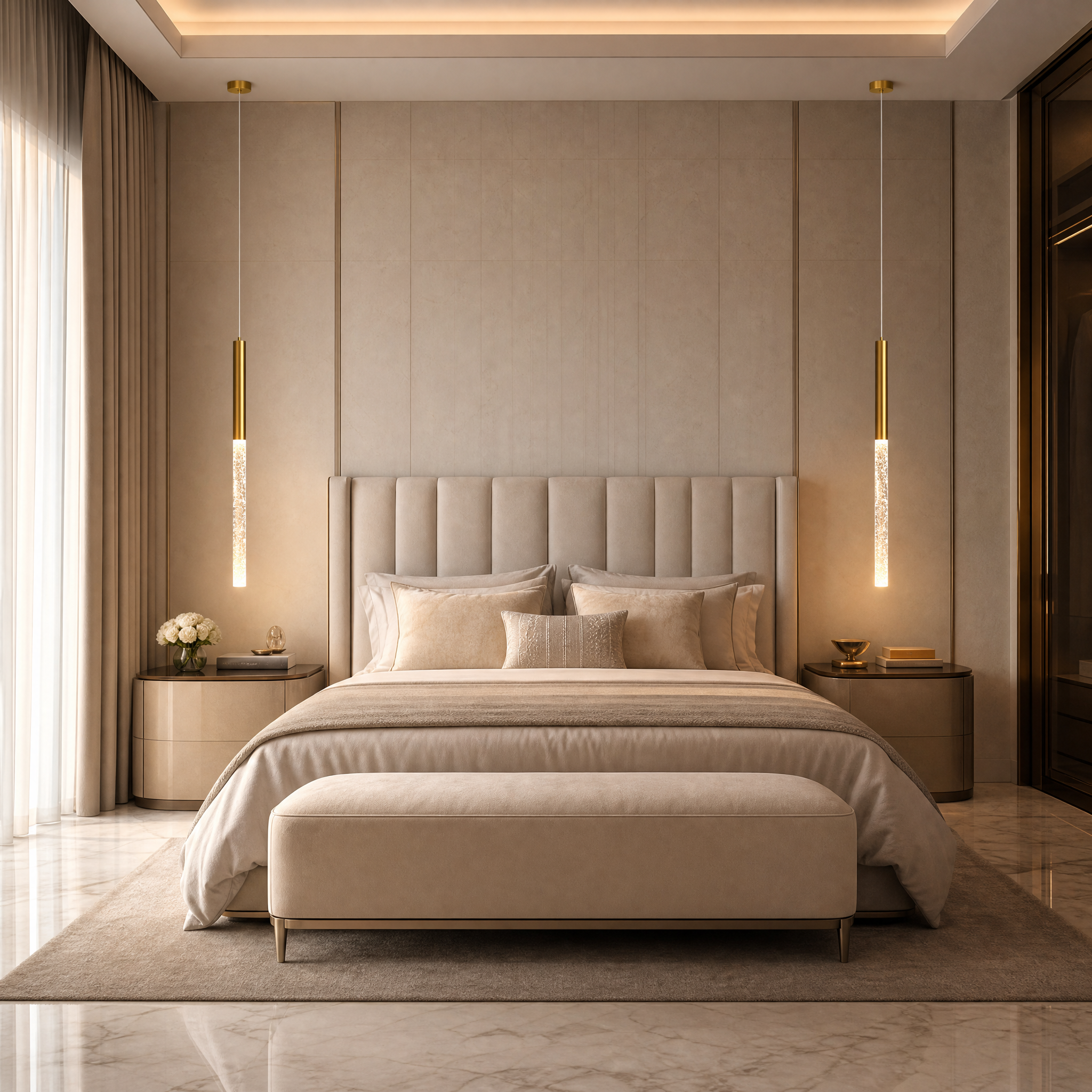 VORELLI Nyon pendant light with bubble crystal and stainless steel illuminating a modern luxury residential dining room.