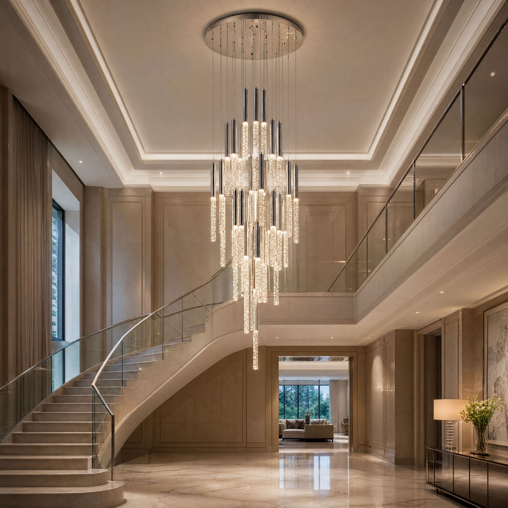 Vorelli Nyon Pendant Staircase Chandelier installed in a modern luxury residential double-height hallway with a sweeping staircase.