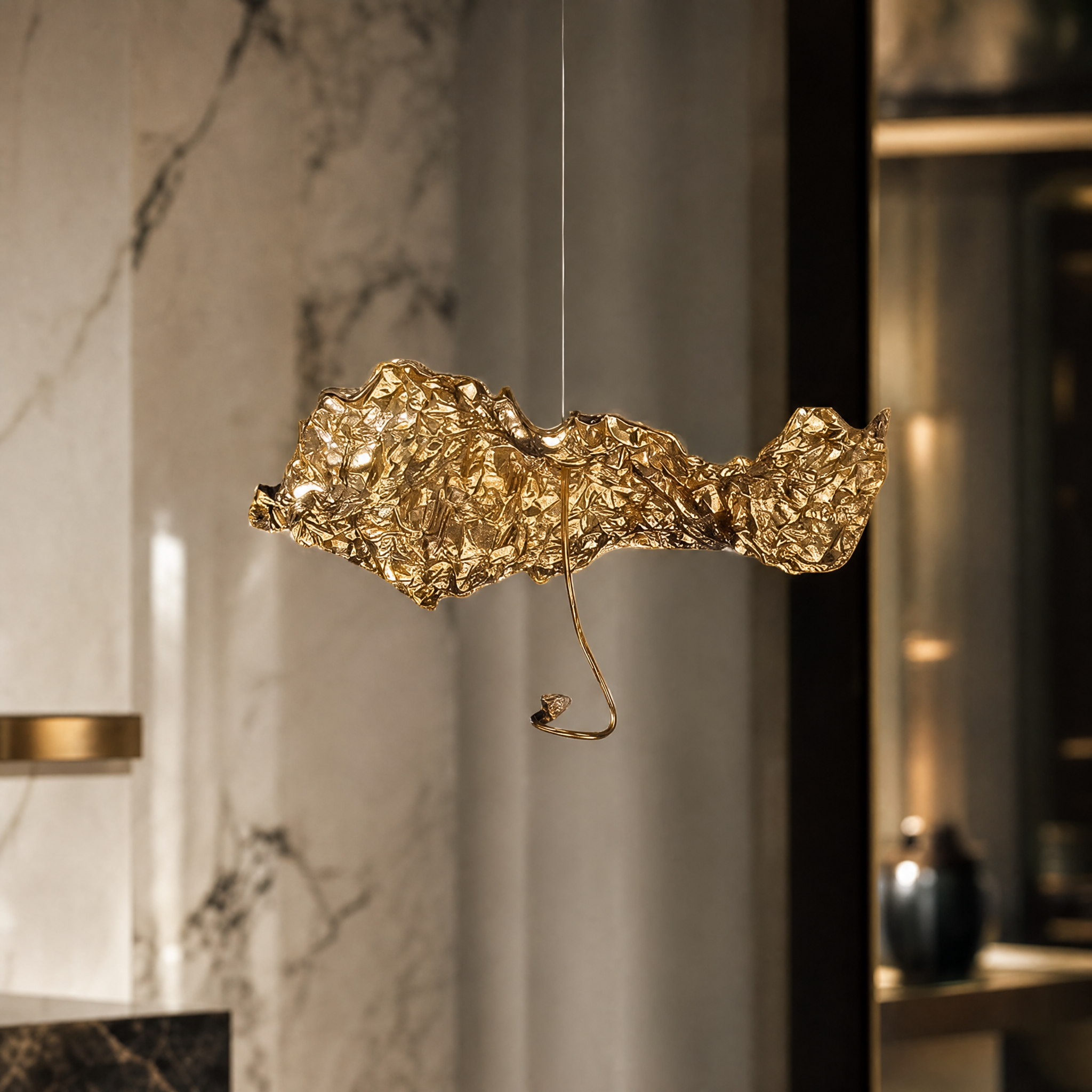 A detailed macro shot of the Obscura Pendant Light showcasing the intricate, raw, organic contours of its molten metal aesthetic.