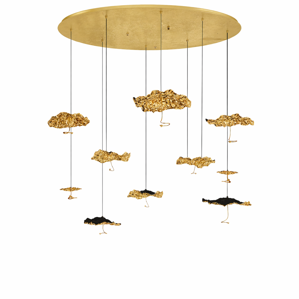 VORELLI® Obscura pendant staircase chandelier featuring sculptural molten inspired forms suspended from circular ceiling plate on white background