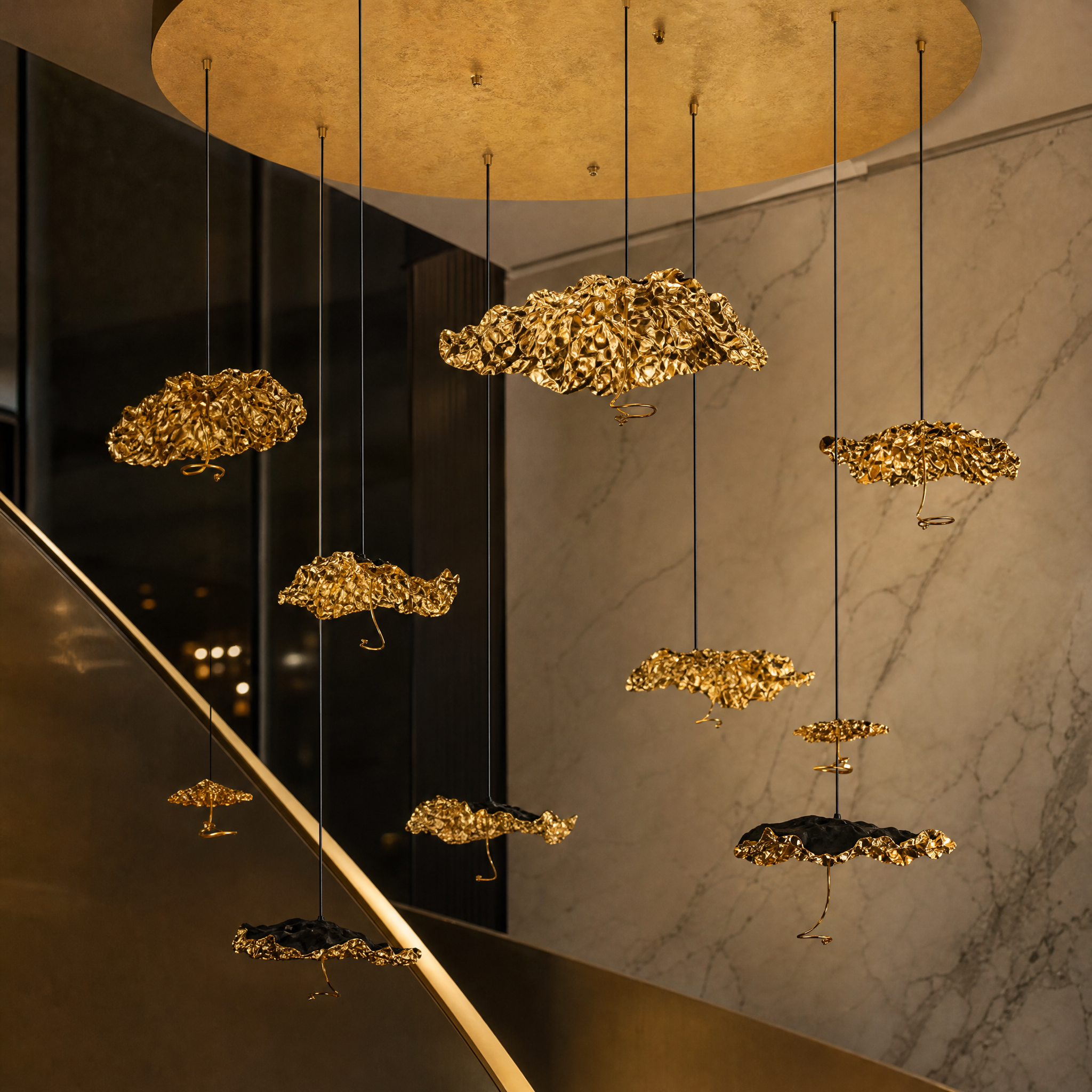 Close-up detail of the molten-inspired glass forms and rich texture of the VORELLI Obscura pendant staircase chandelier.