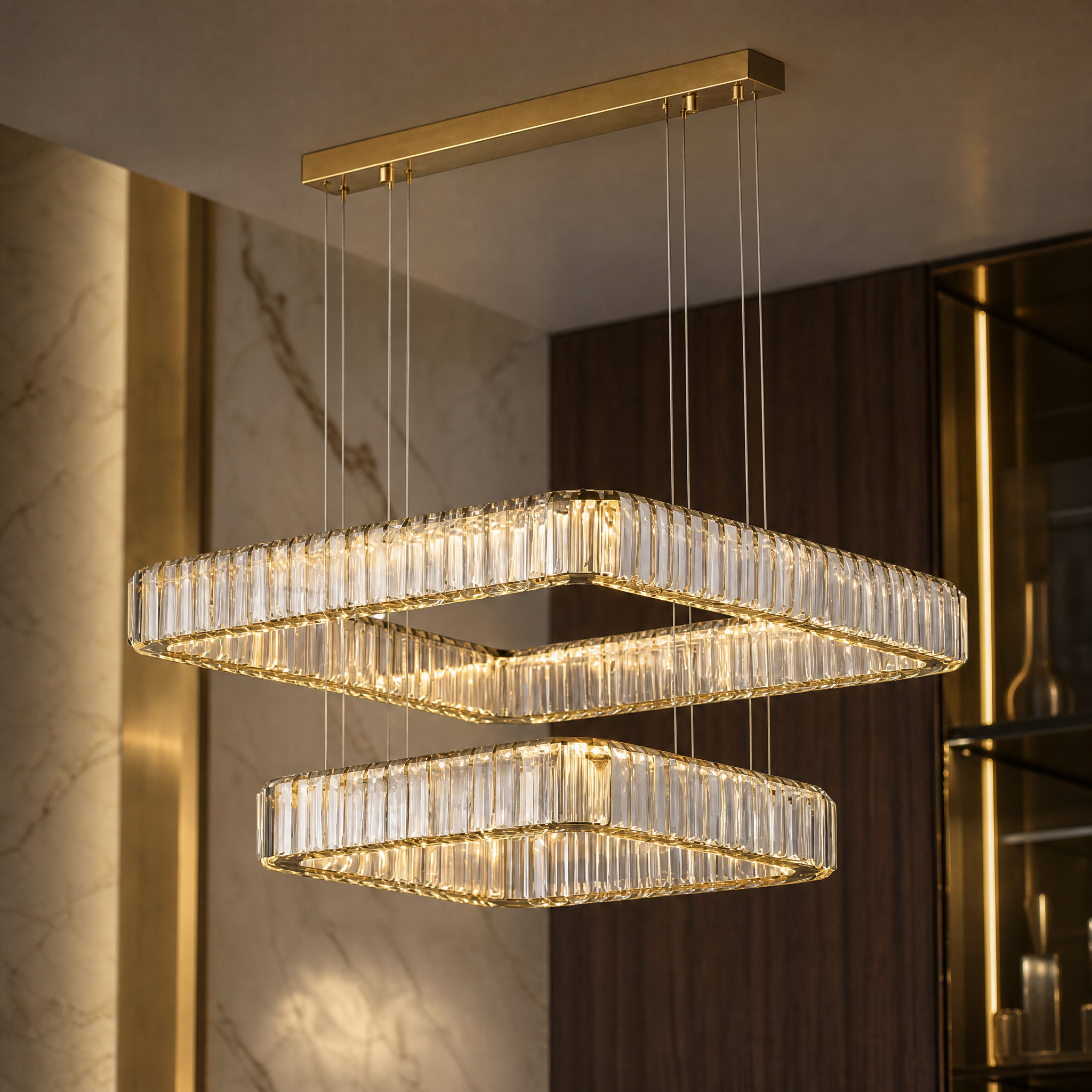 Macro view of the precision-cut crystal bars on the VORELLI Oia chandelier, highlighting the unique dual-square formation and geometric clarity.
