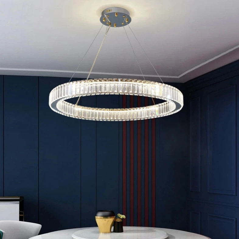 VORELLI® Oia halo crystal chandelier suspended in refined interior creating elegant focal lighting