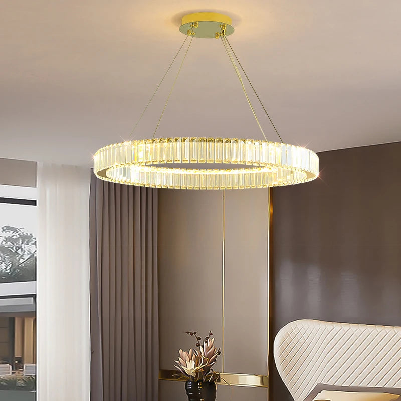 VORELLI® Oia modern ring chandelier installed in contemporary living space with circular crystal bar detailing