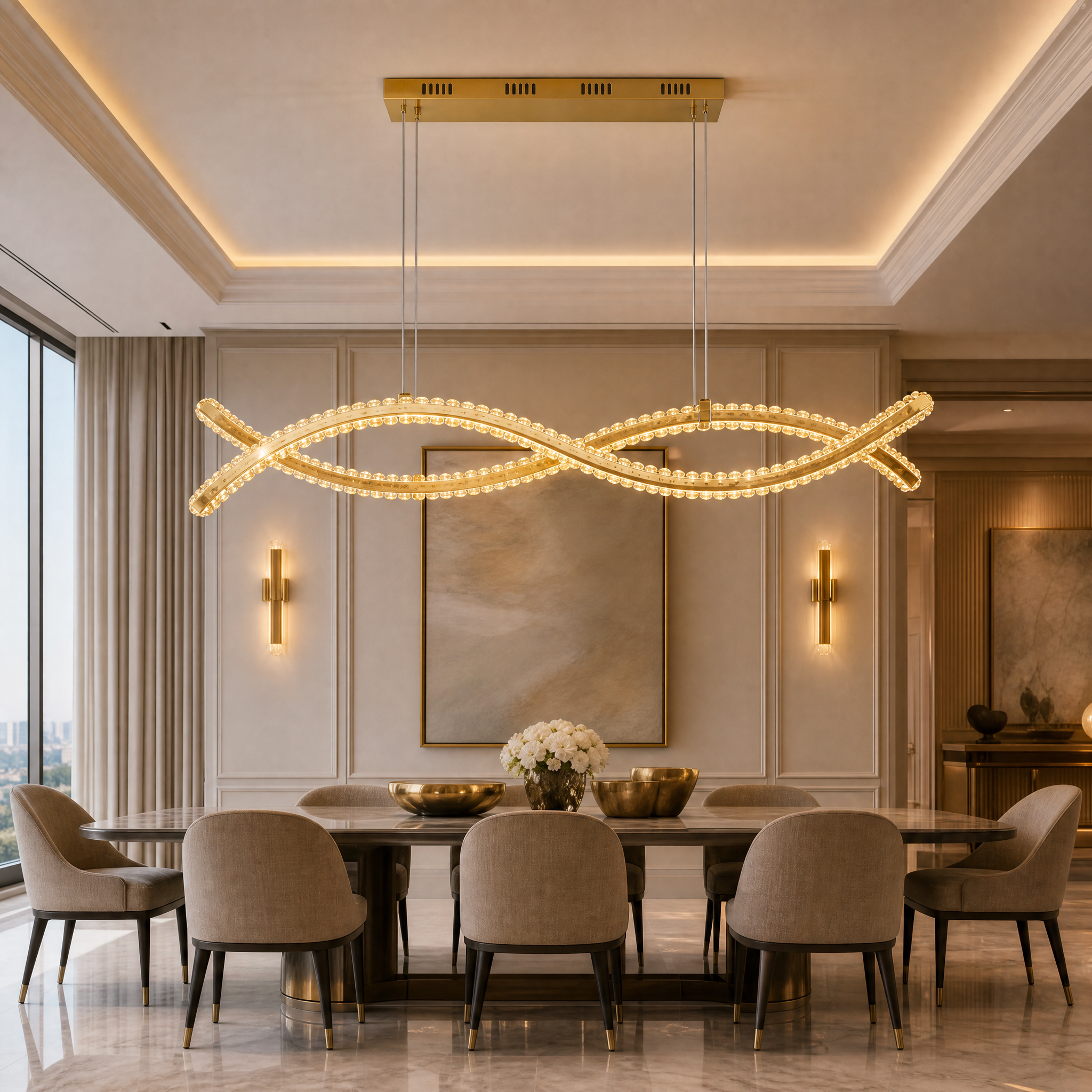 Vorelli Oia Rectangular Chandelier II wave-inspired luxury crystal lighting fixture installed in a modern high-end residential dining room.
