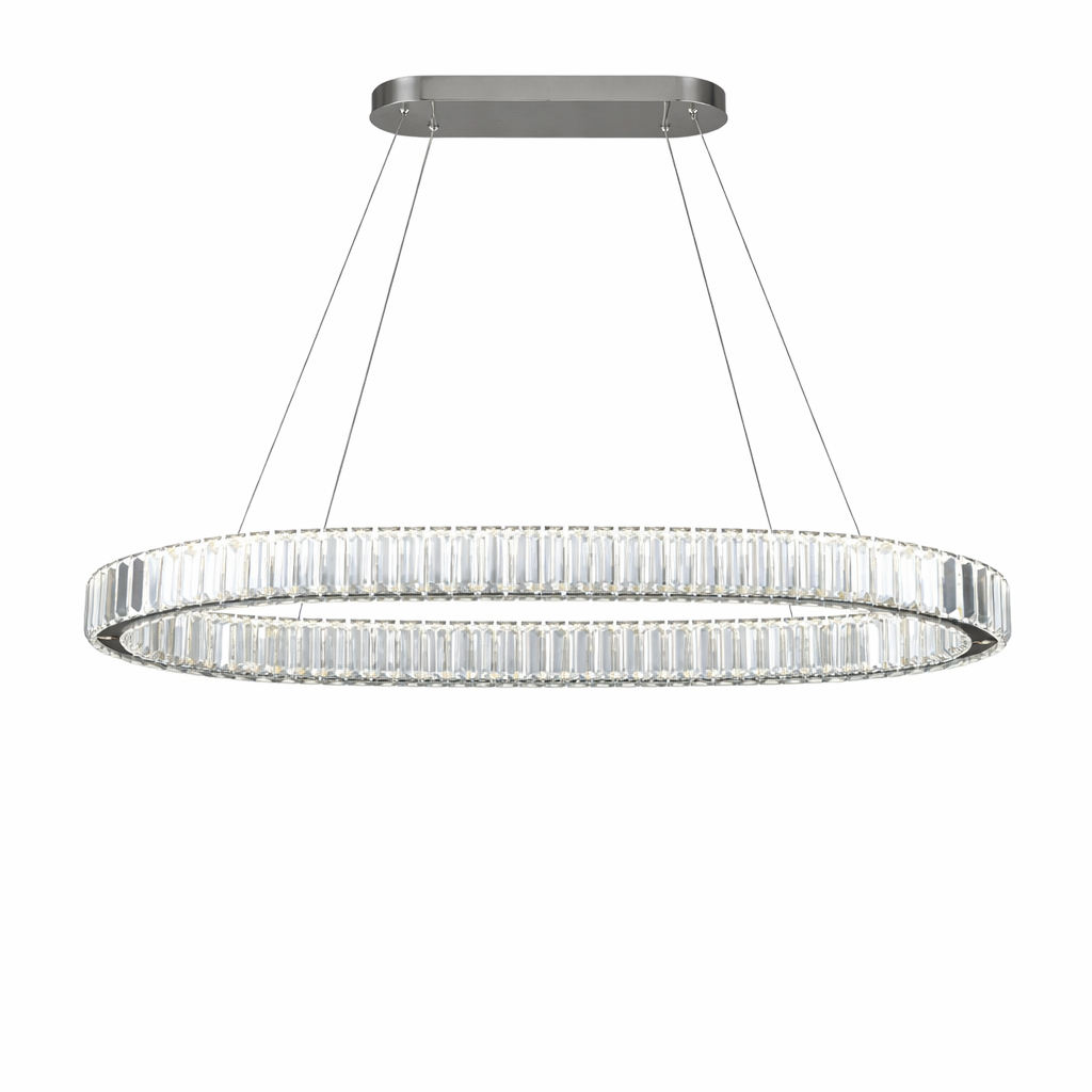 VORELLI® Oia rectangular chandelier featuring perimeter crystal bars arranged along sleek linear suspended frame on white background