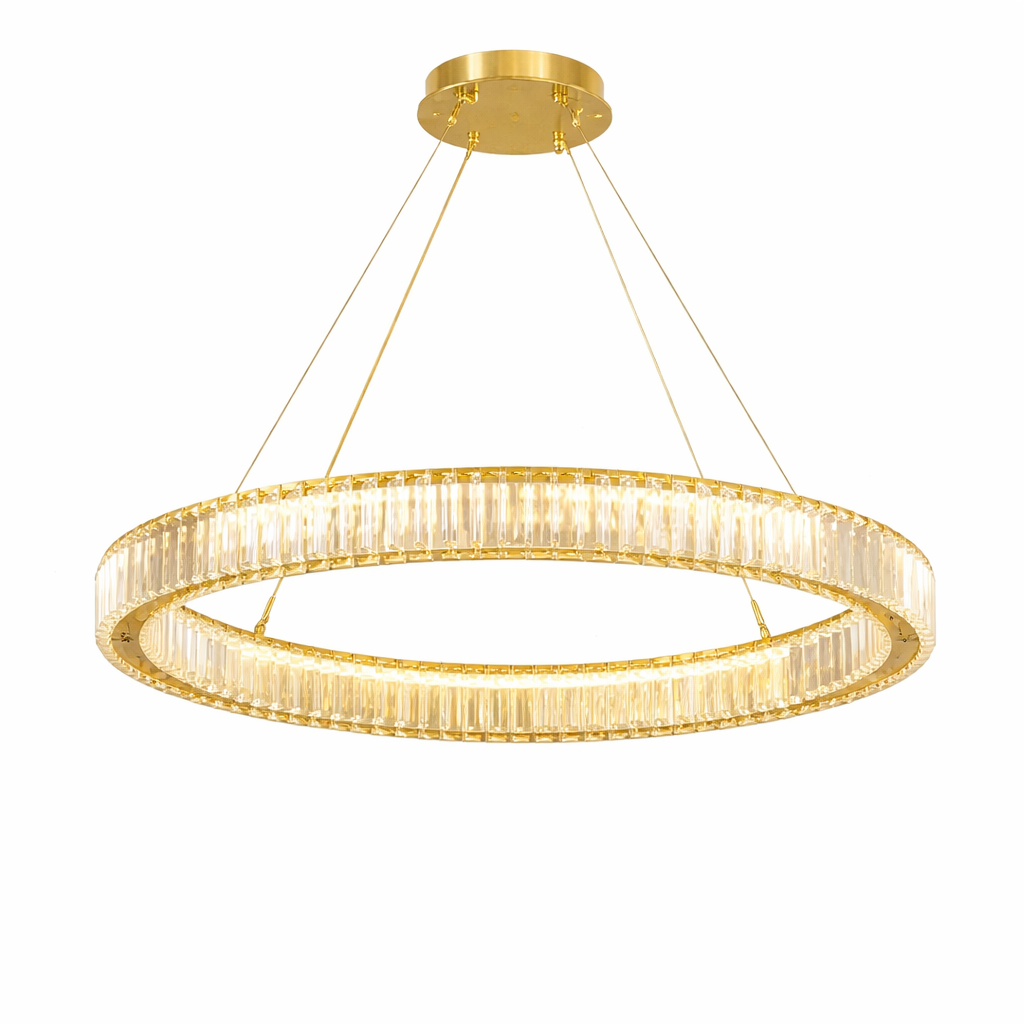 VORELLI® Oia ring circular chandelier featuring perimeter crystal bars arranged around suspended halo frame on white background
