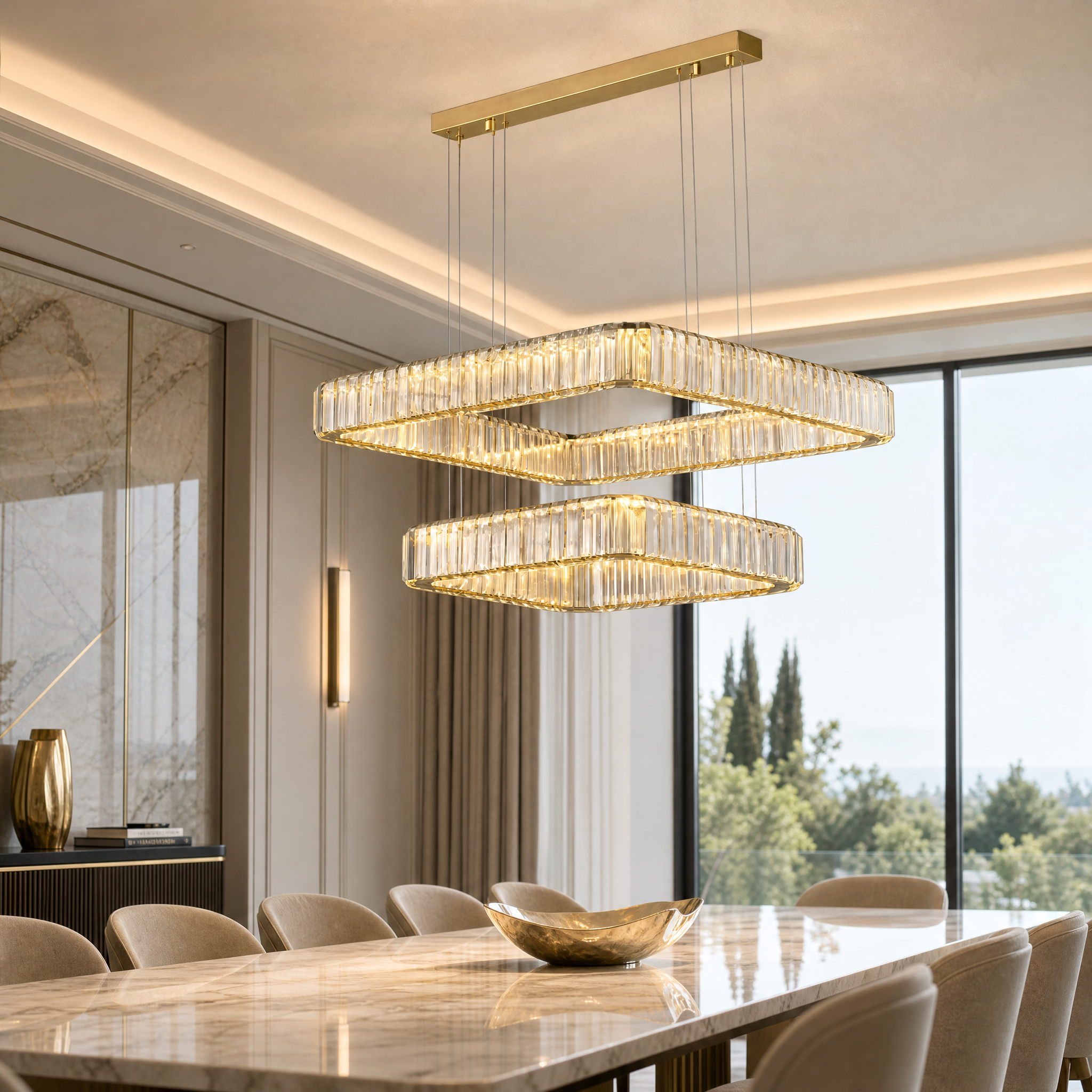 VORELLI Oia Square Circular Crystal Chandelier illuminating a contemporary luxury residential dining room with sophisticated warm light.
