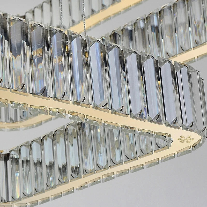 Close up of crystal bars arranged along dual square frame on VORELLI® Oia square circular chandelier