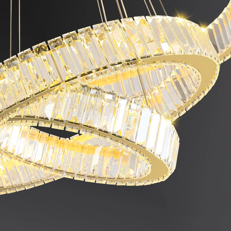 Detailed view of cascading circular rings on VORELLI® Oia three ring chandelier highlighting sculptural form