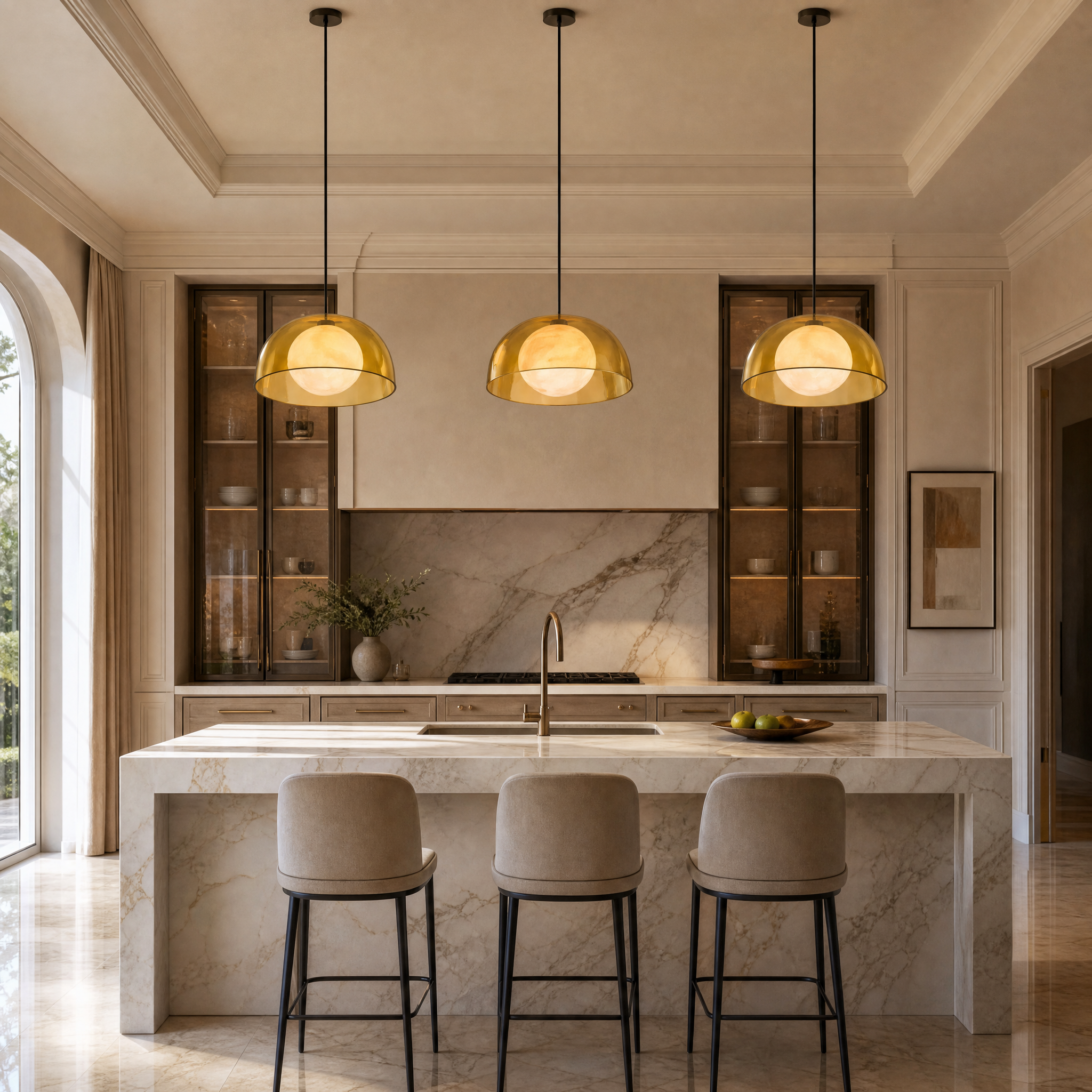 An elegant VORELLI Onyx Marble Pendant Light with an amber glass dome casting a warm golden glow over a modern luxury residential dining space.