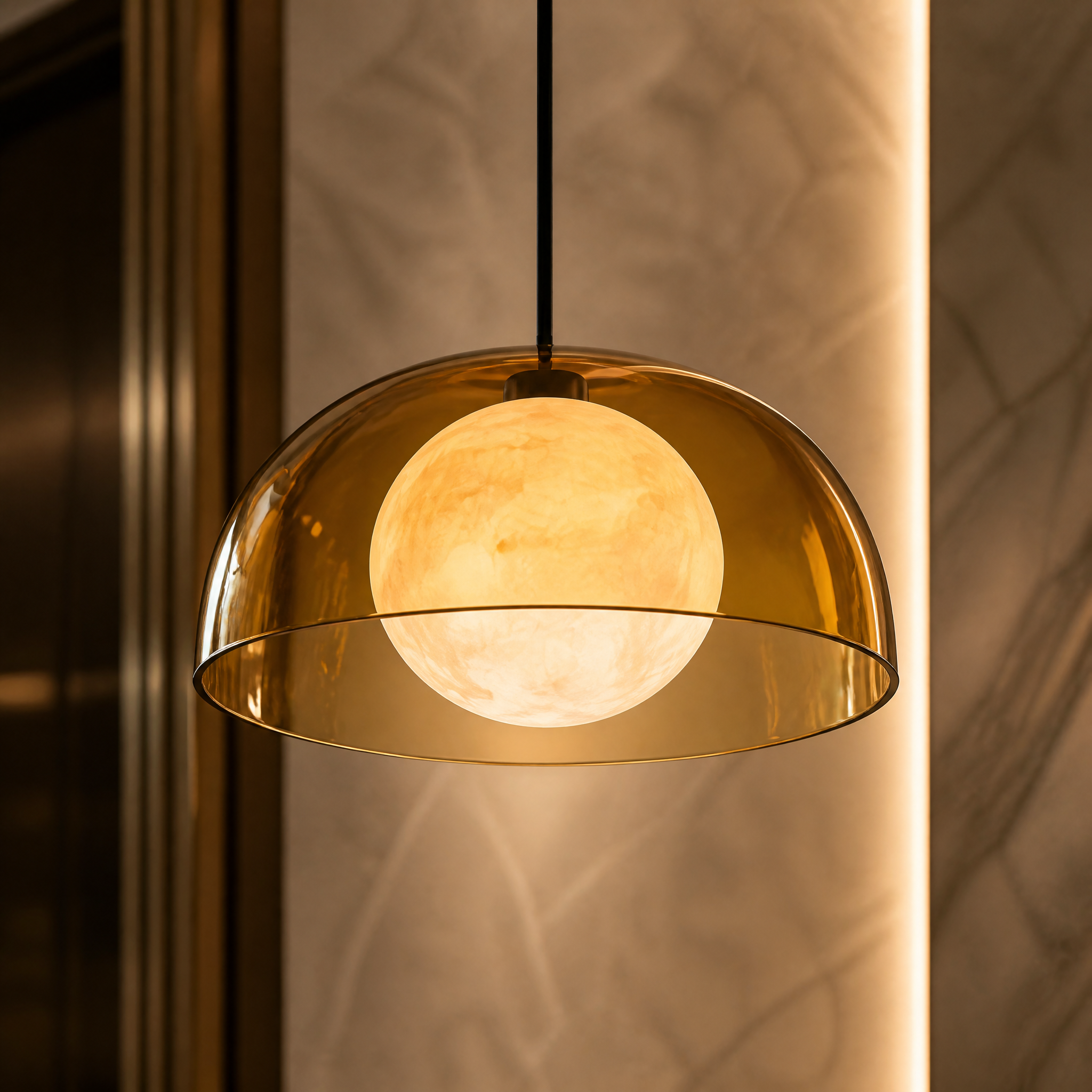 A detailed closeup of the VORELLI Onyx Marble Pendant Light, highlighting the refined marble texture and the rich, translucent amber glass dome.