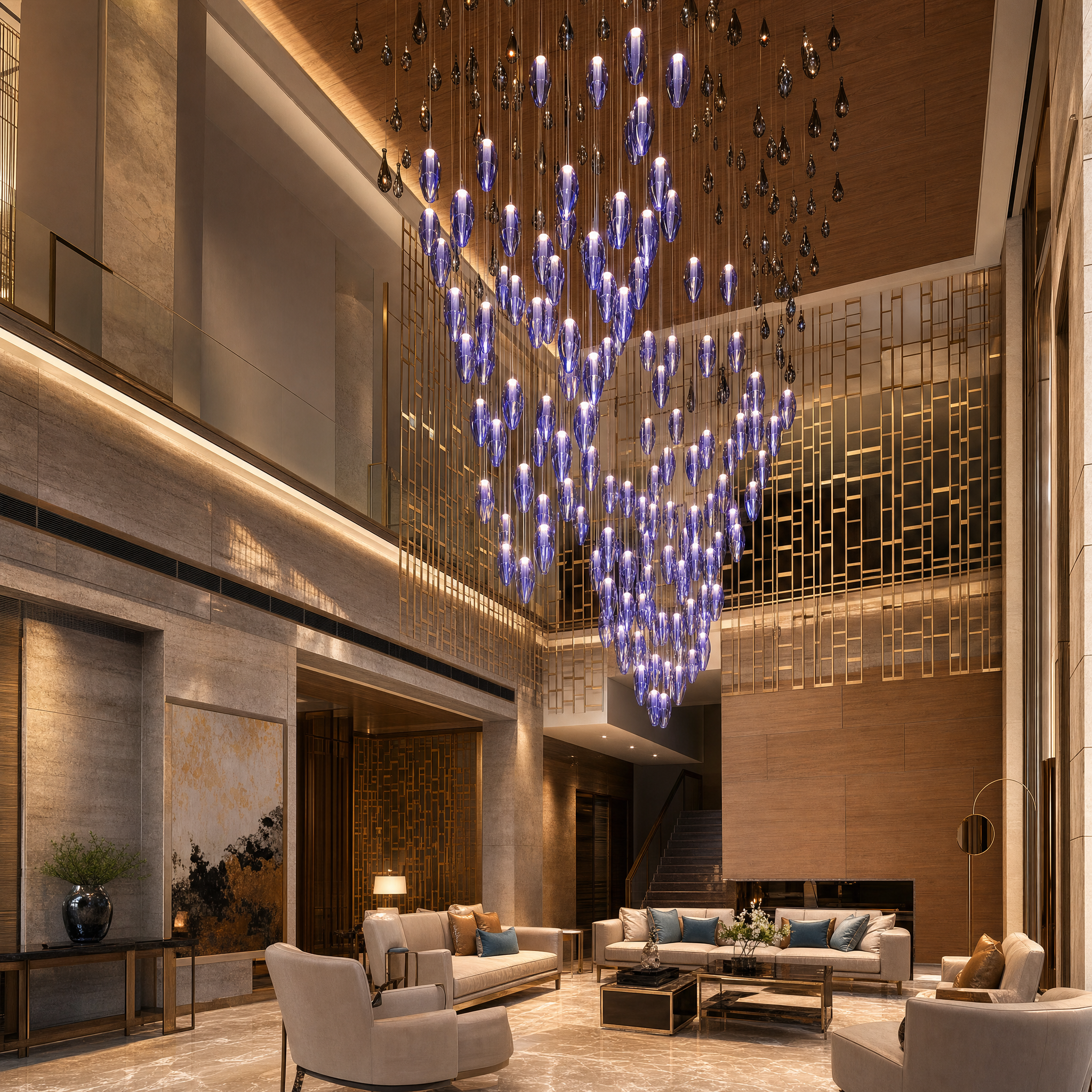 Grand hospitality installation of the VORELLI Open Glass Droplet lighting fixture, creating fluid movement and elegant light in a luxury hotel lobby.